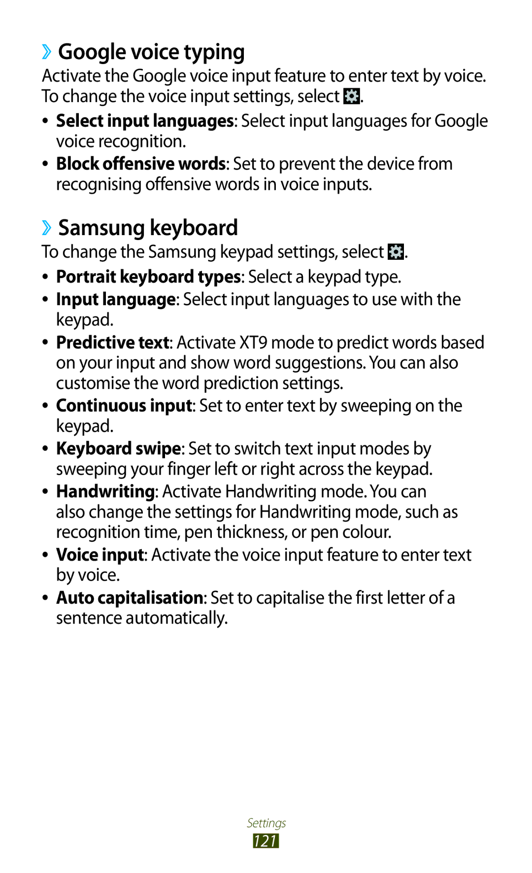 Samsung GT-S5301ZWANEE manual ››Google voice typing, ››Samsung keyboard, To change the Samsung keypad settings, select 