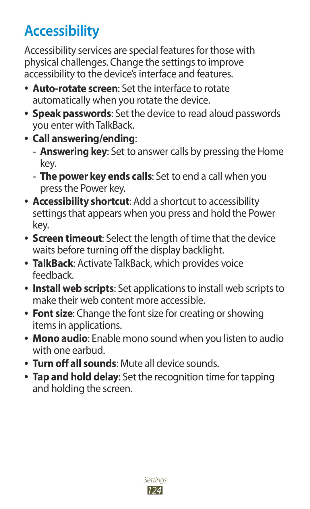 Samsung GT-S5301ZKAAUT Accessibility, Call answering/ending, Answering key Set to answer calls by pressing the Home key 