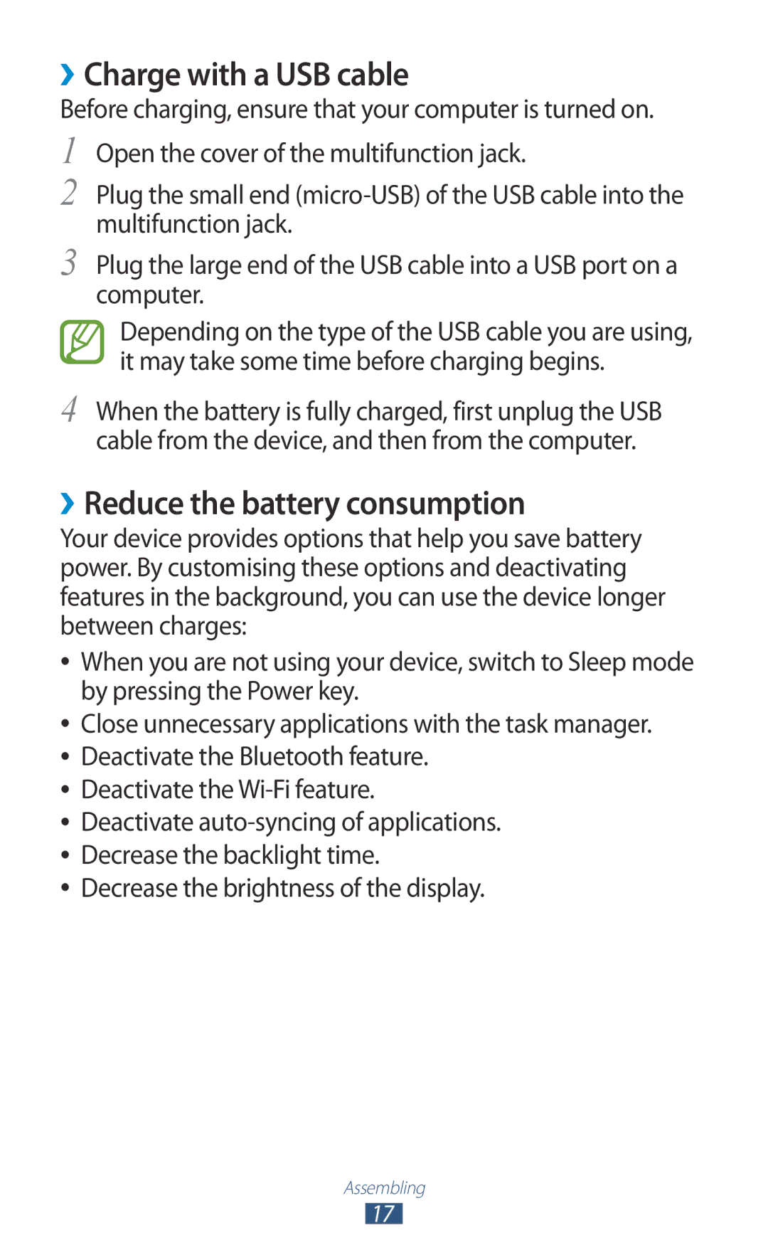 Samsung GT-S5301ZIAKSA ››Charge with a USB cable, ››Reduce the battery consumption, Decrease the brightness of the display 