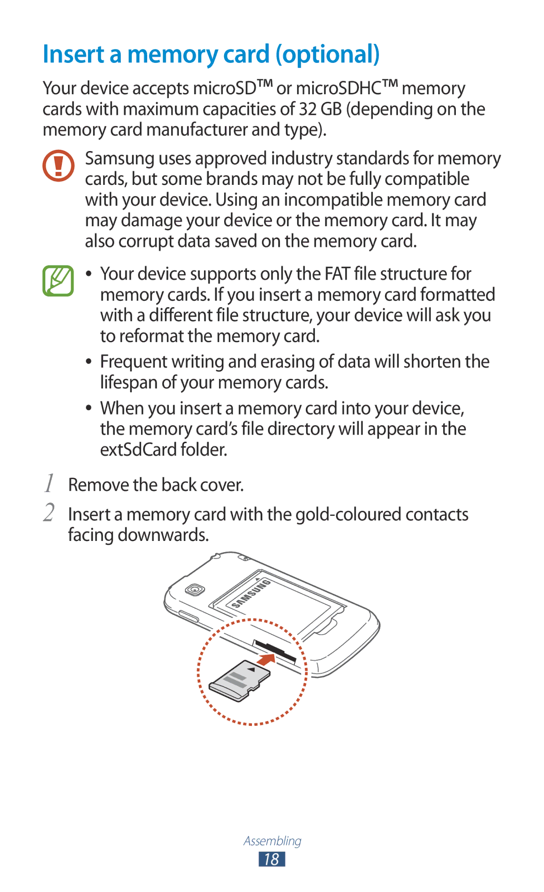 Samsung GT-S5301ZKAJED, GT-S5301ZKAWIN, GT-S5301ZKATPH, GT-S5301ZKADBT, GT-S5301ZKATUR manual Insert a memory card optional 