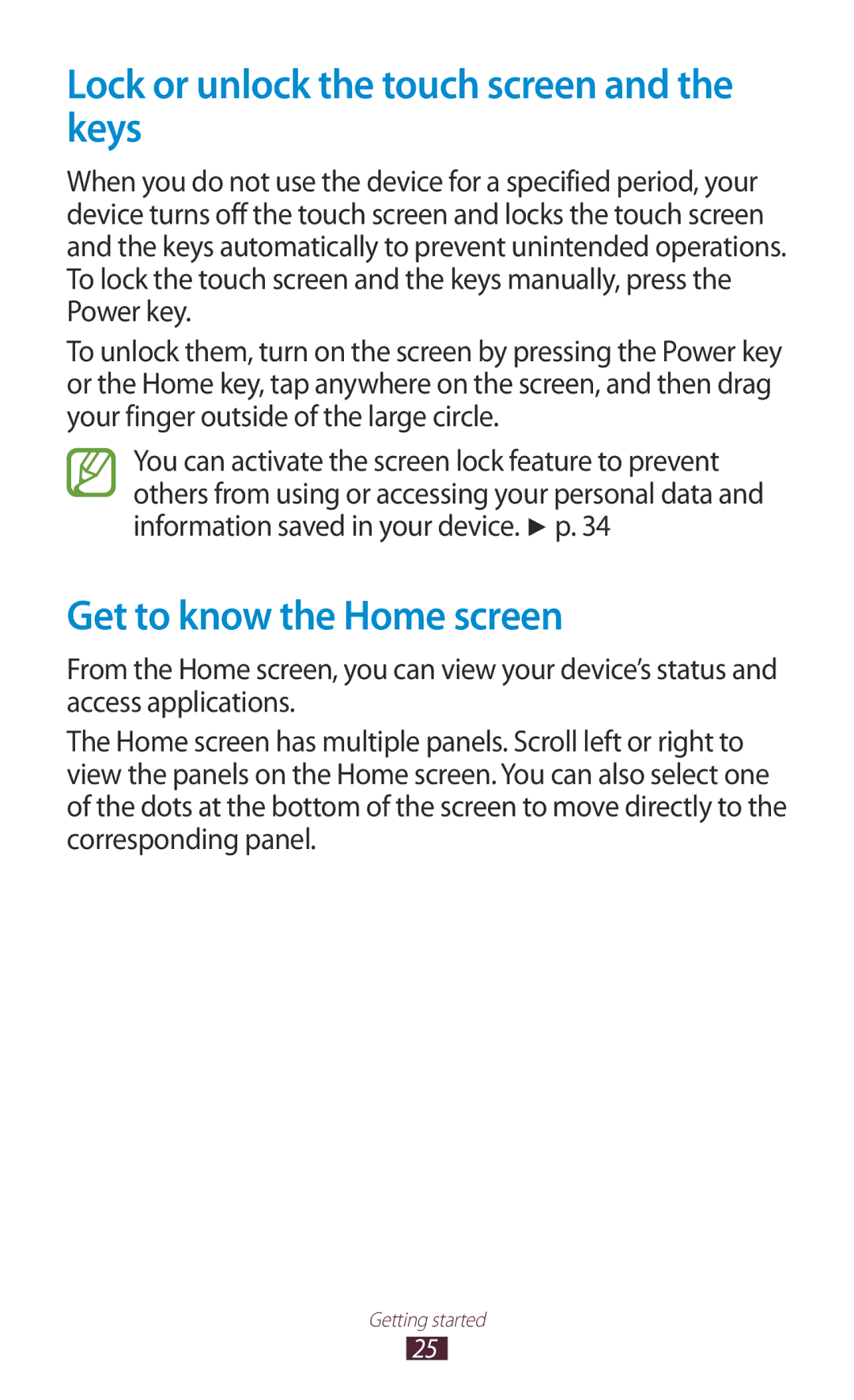 Samsung GT-S5301ZKAVVT, GT-S5301ZKAWIN manual Lock or unlock the touch screen and the keys, Get to know the Home screen 