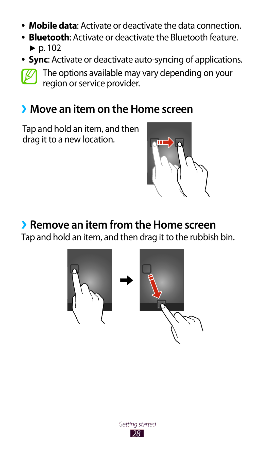 Samsung GT-S5301ZIAORX, GT-S5301ZKAWIN manual ››Move an item on the Home screen, ››Remove an item from the Home screen 