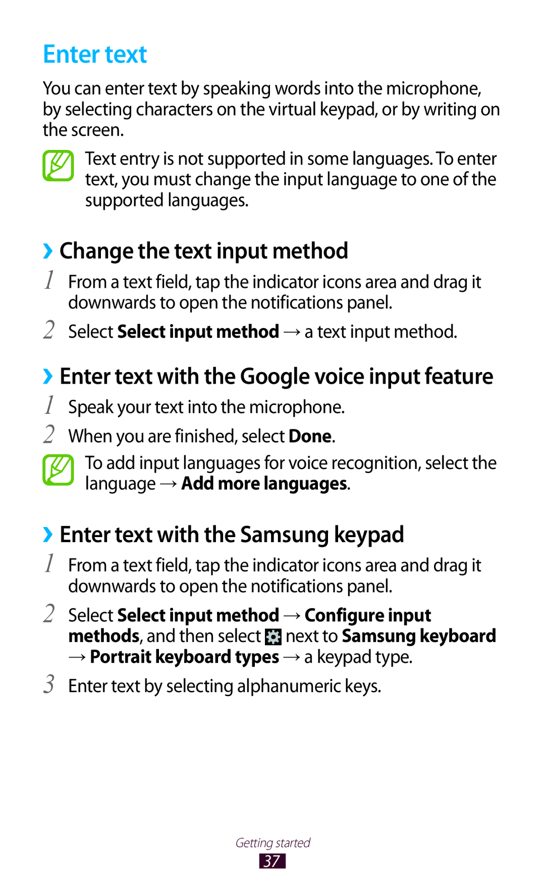 Samsung GT-S5301ZWANEE, GT-S5301ZKAWIN manual ››Change the text input method, ››Enter text with the Samsung keypad 