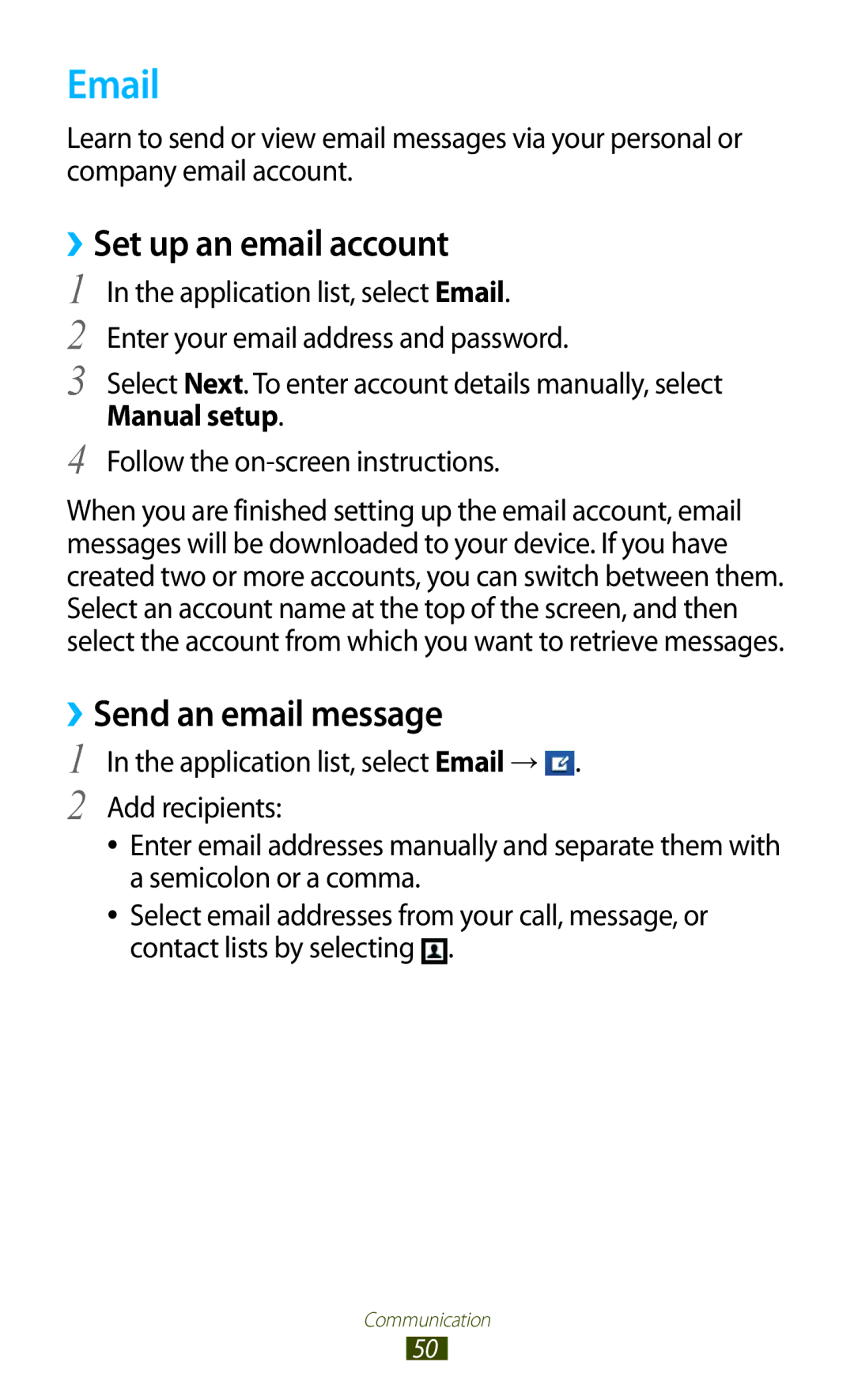 Samsung GT-S5301ZWAEUR, GT-S5301ZKAWIN, GT-S5301ZKATPH, GT-S5301ZKADBT, GT-S5301ZKATUR manual ››Set up an email account 