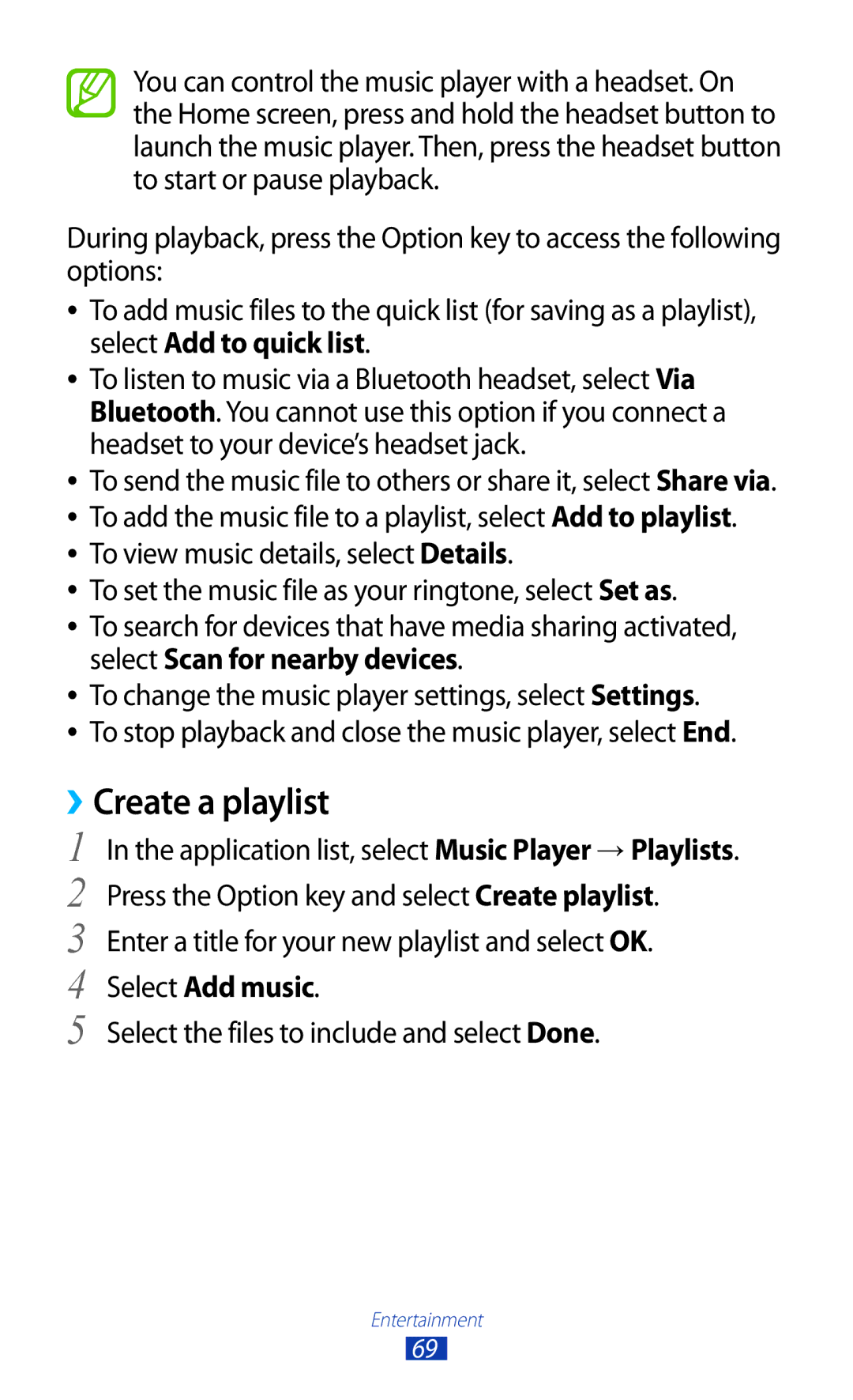 Samsung GT-S5301ZOAORX manual ››Create a playlist, Enter a title for your new playlist and select OK, Select Add music 
