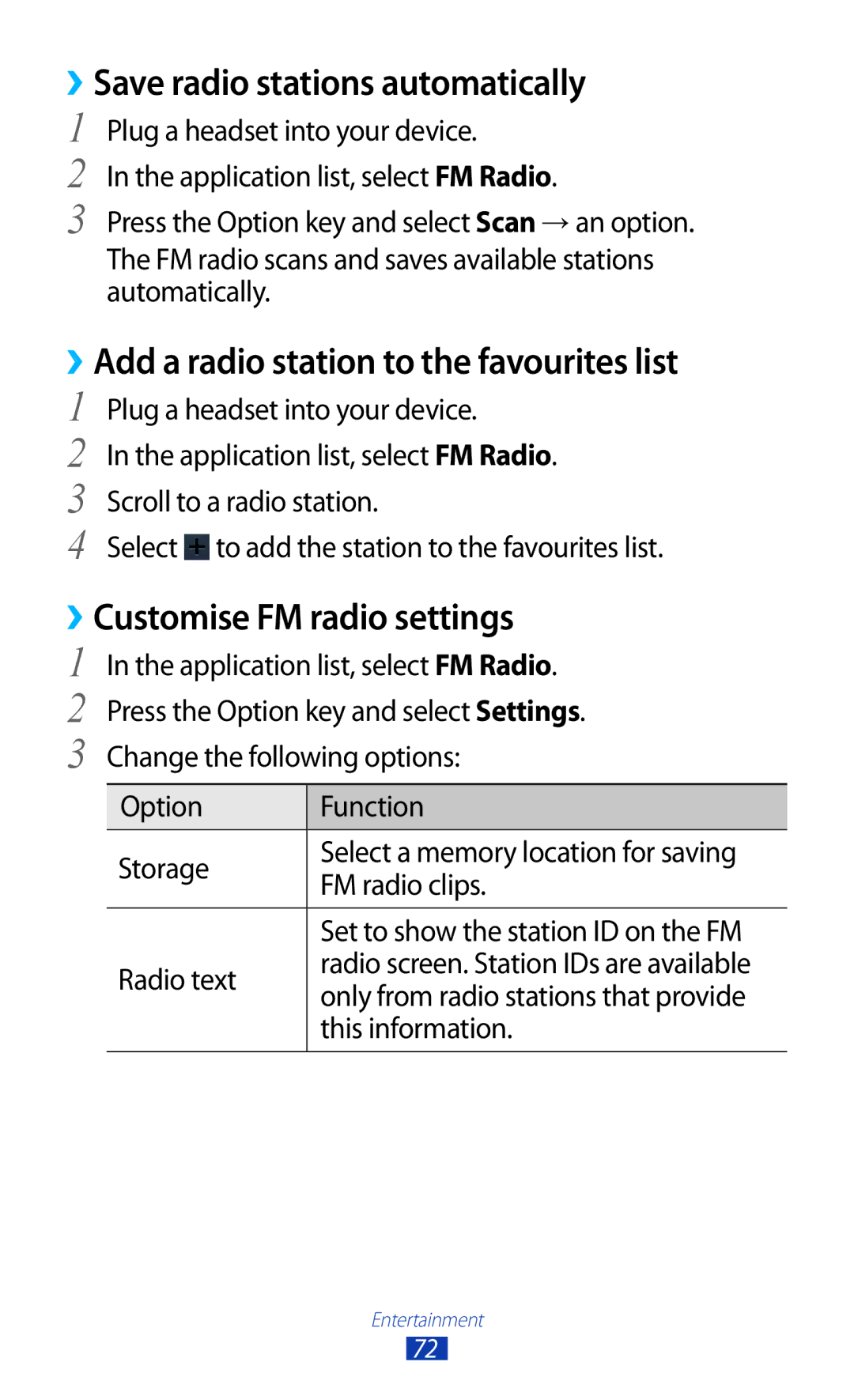 Samsung GT-S5301ZKAATO ››Save radio stations automatically, ››Add a radio station to the favourites list, This information 