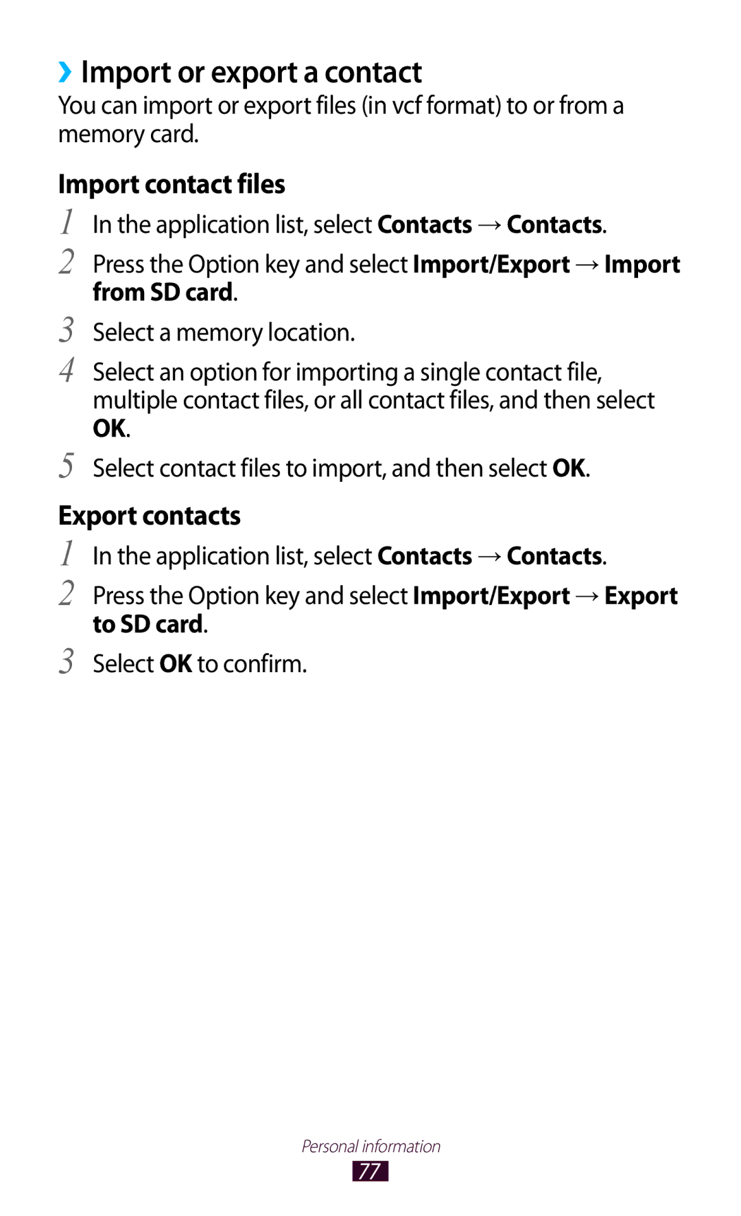 Samsung GT-S5301ZOANEE, GT-S5301ZKAWIN, GT-S5301ZKATPH, GT-S5301ZKADBT manual ››Import or export a contact, From SD card 