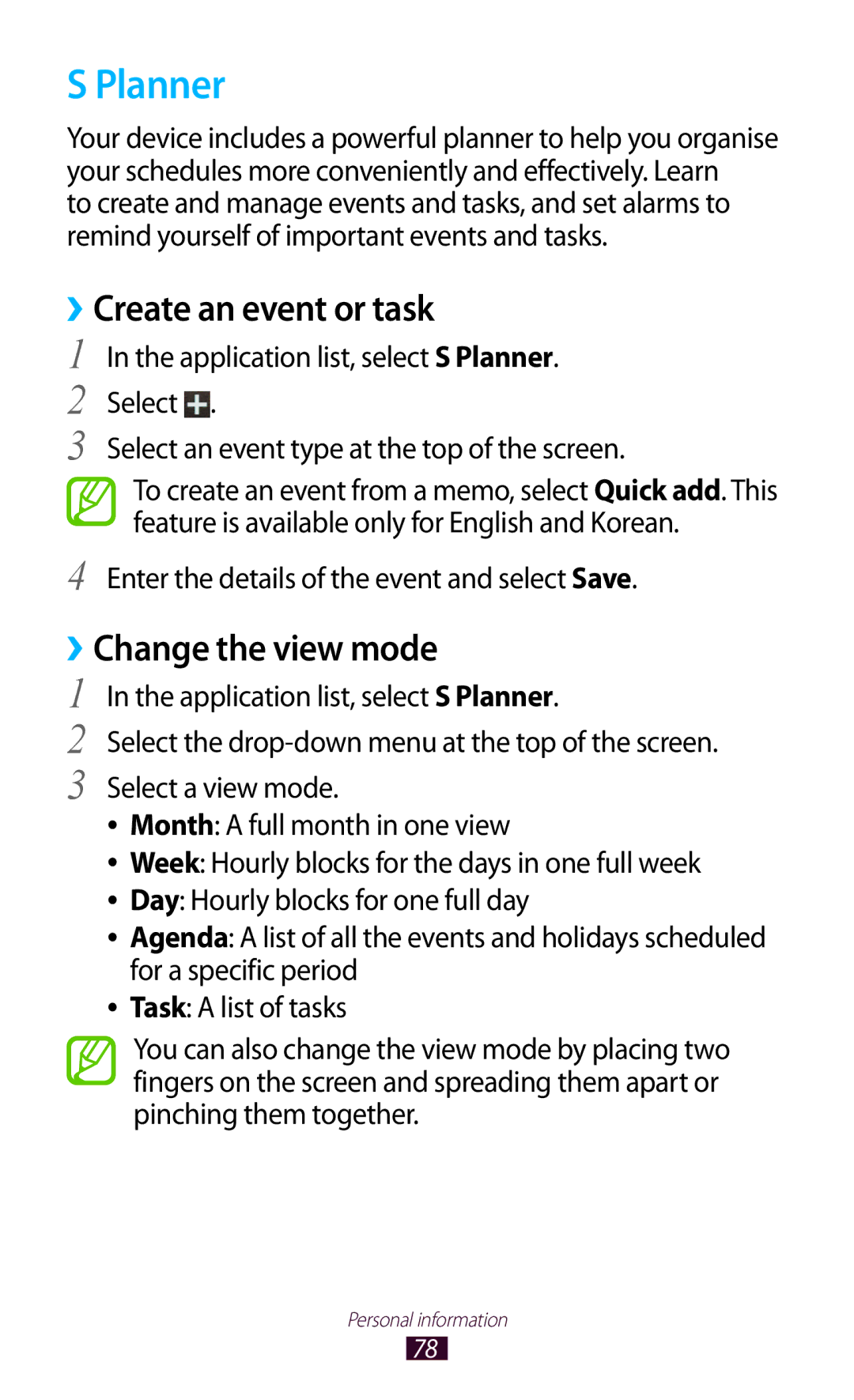 Samsung GT-S5301ZIANEE, GT-S5301ZKAWIN, GT-S5301ZKATPH manual Planner, ››Create an event or task, ››Change the view mode 