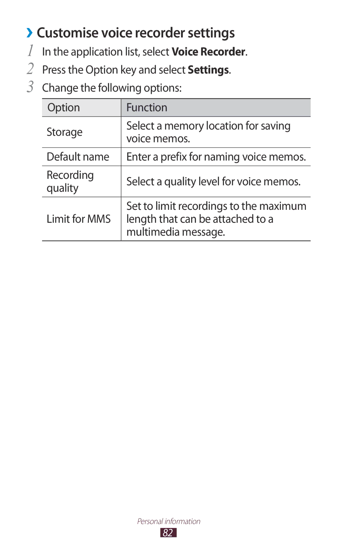 Samsung GT-S5301ZKAAUT, GT-S5301ZKAWIN, GT-S5301ZKATPH, GT-S5301ZKADBT manual ››Customise voice recorder settings, Quality 