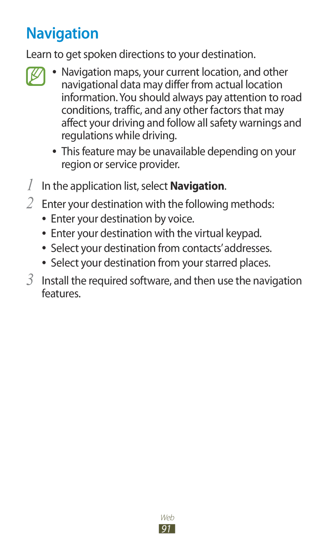 Samsung GT-S5301ZWATPH, GT-S5301ZKAWIN, GT-S5301ZKATPH manual Navigation, Learn to get spoken directions to your destination 