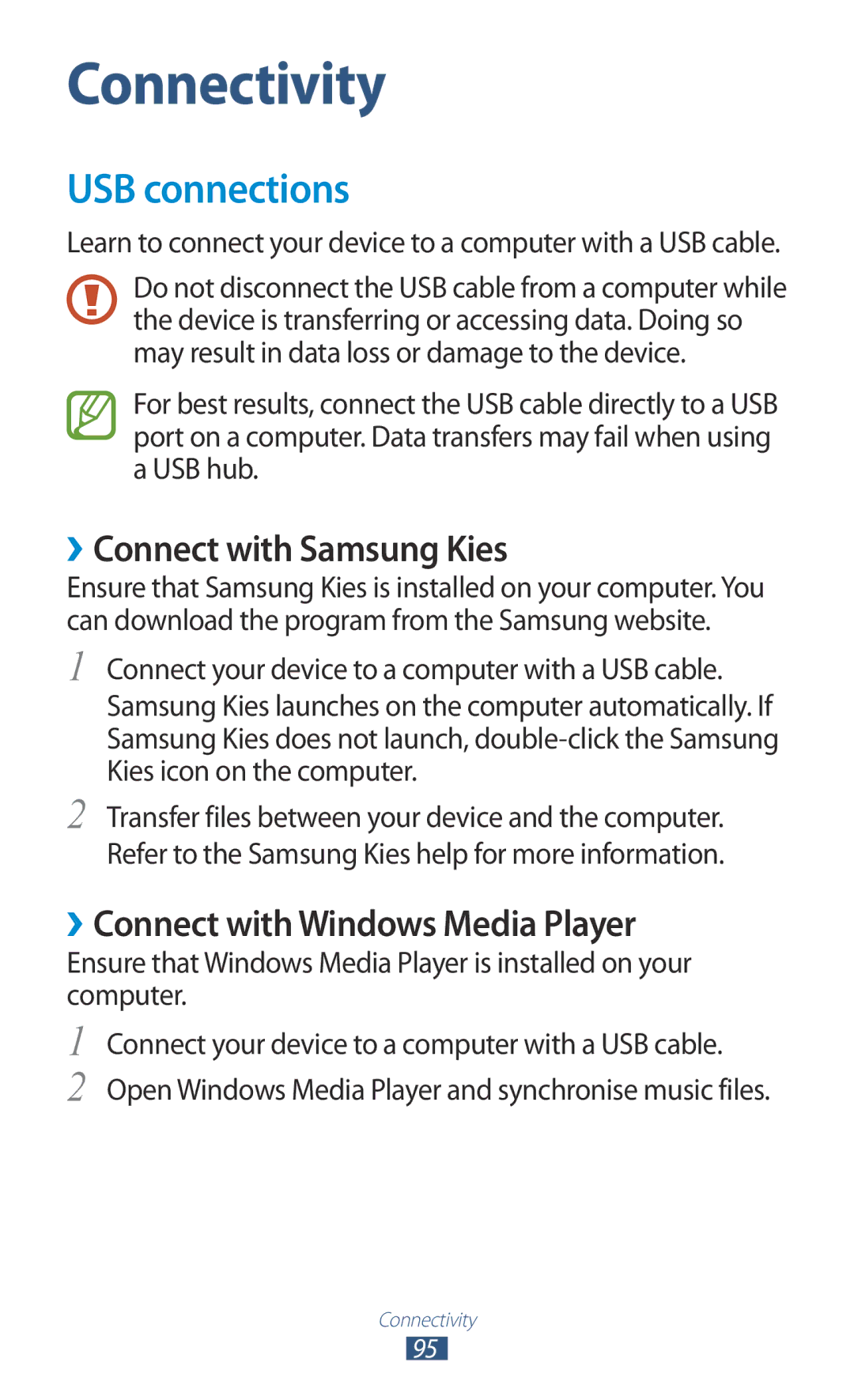 Samsung GT-S5301ZKAEUR, GT-S5301ZKAWIN USB connections, ››Connect with Samsung Kies, ››Connect with Windows Media Player 