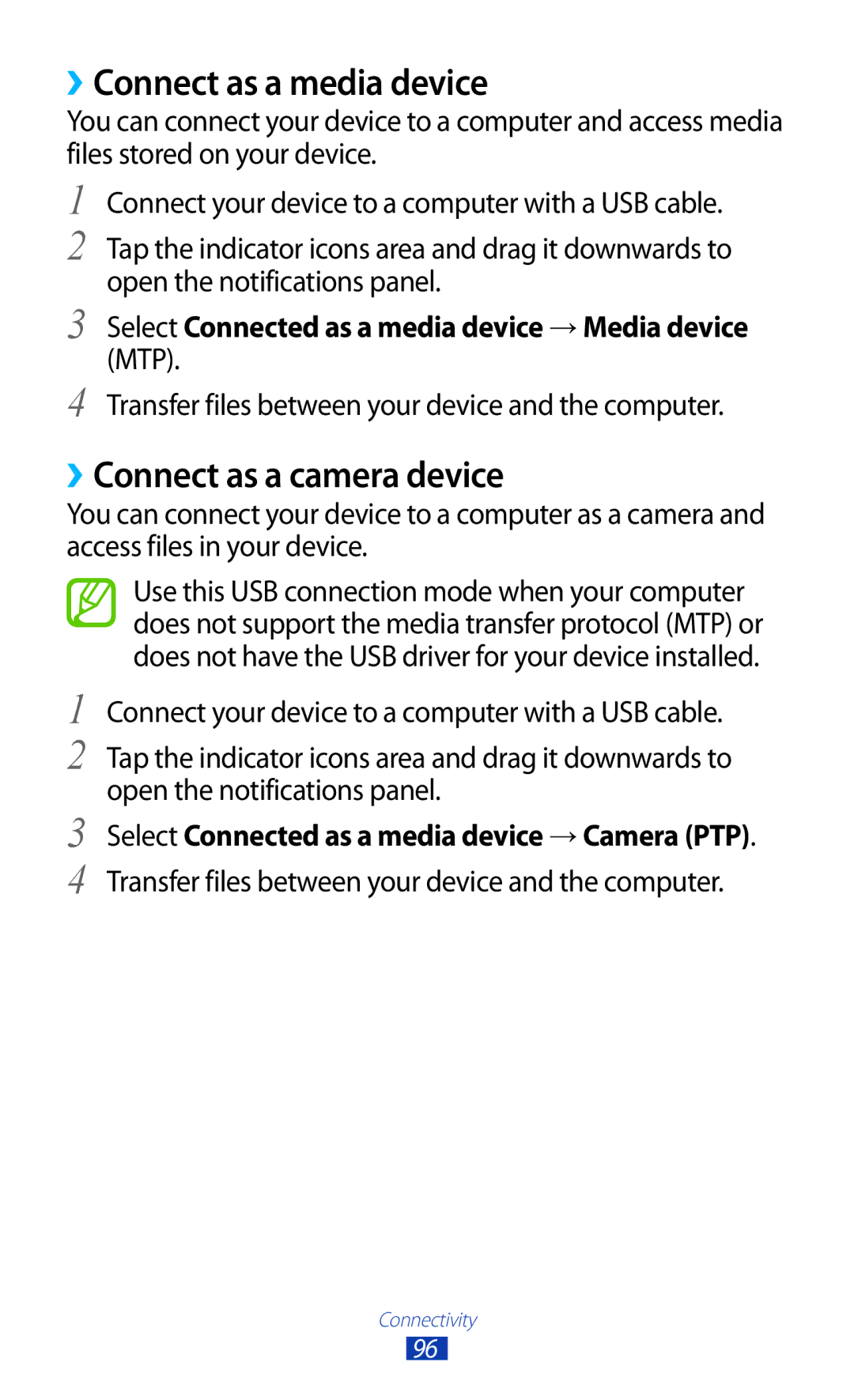 Samsung GT-S5301ZWATIM, GT-S5301ZKAWIN, GT-S5301ZKATPH manual ››Connect as a media device, ››Connect as a camera device 