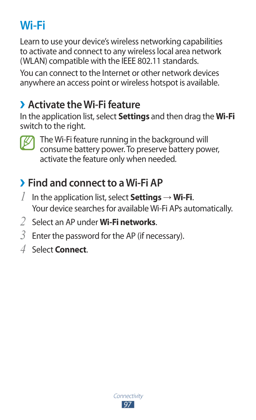 Samsung GT-S5301ZKAITV, GT-S5301ZKAWIN, GT-S5301ZKATPH ››Activate the Wi-Fi feature, ››Find and connect to a Wi-Fi AP 