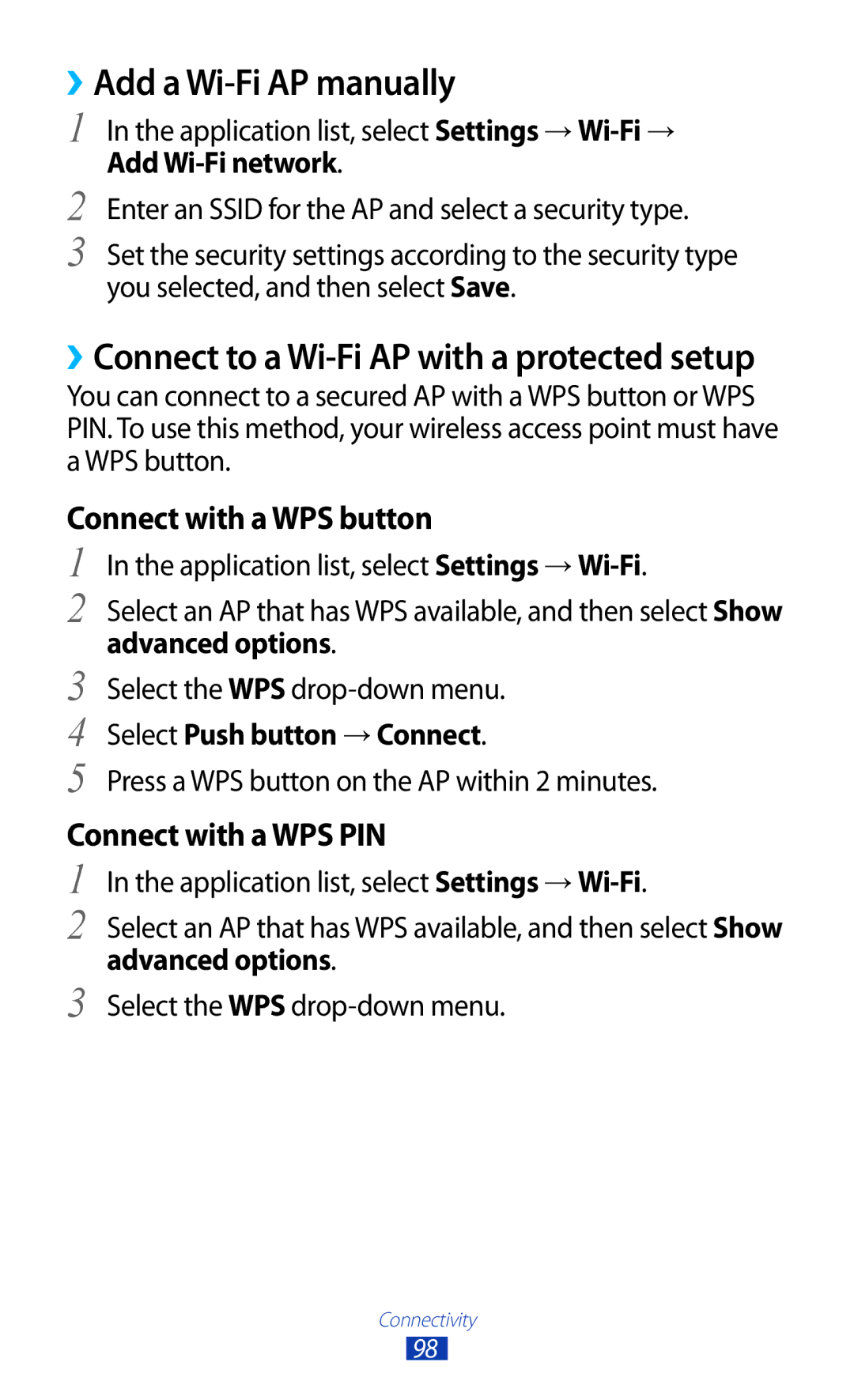 Samsung GT-S5301ZWAOMN ››Add a Wi-Fi AP manually, Application list, select Settings → Wi-Fi, Advanced options 