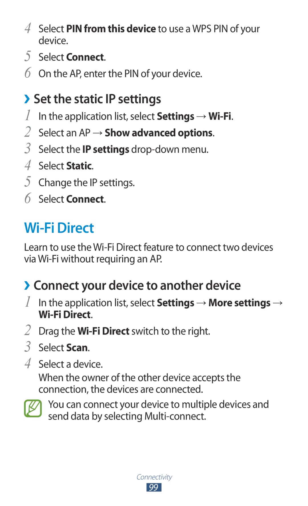 Samsung GT-S5301ZKATIM, GT-S5301ZKAWIN Wi-Fi Direct, ››Set the static IP settings, ››Connect your device to another device 