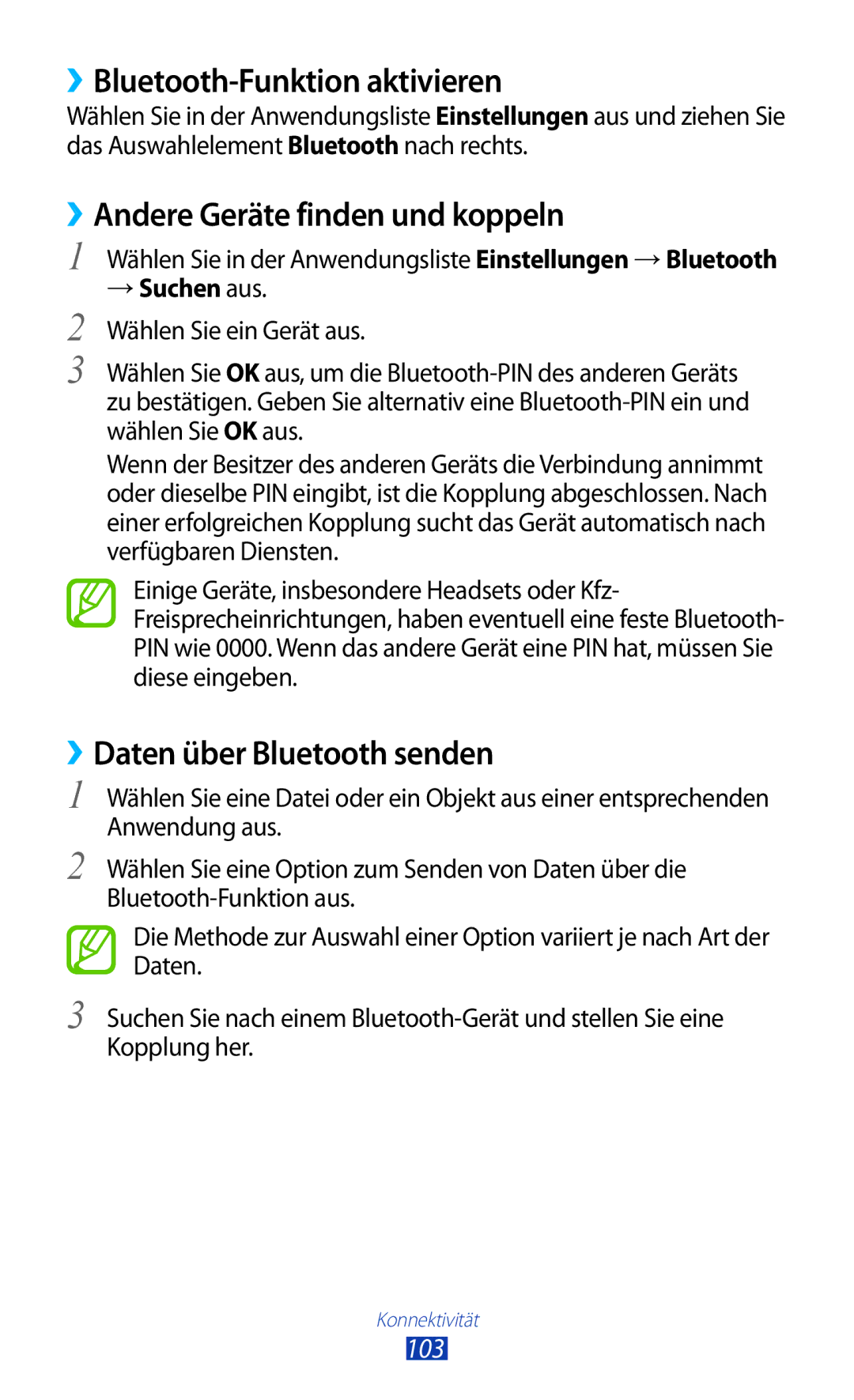 Samsung GT-S5301ZWATPH ››Bluetooth-Funktion aktivieren, ››Andere Geräte finden und koppeln, ››Daten über Bluetooth senden 