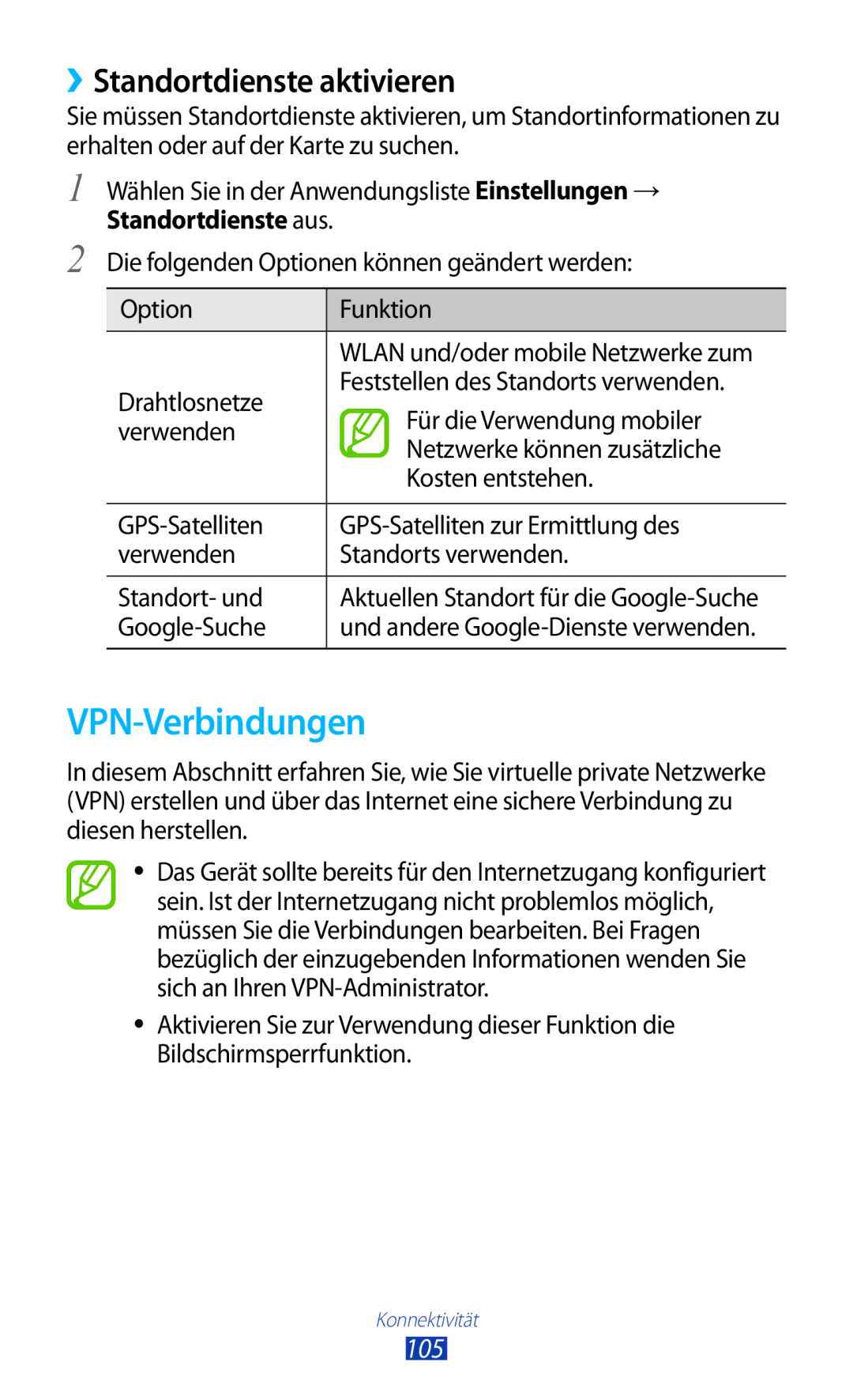 Samsung GT-S5301ZOAWIN, GT-S5301ZKAWIN, GT-S5301ZKATPH VPN-Verbindungen, ››Standortdienste aktivieren, 105, Google-Suche 