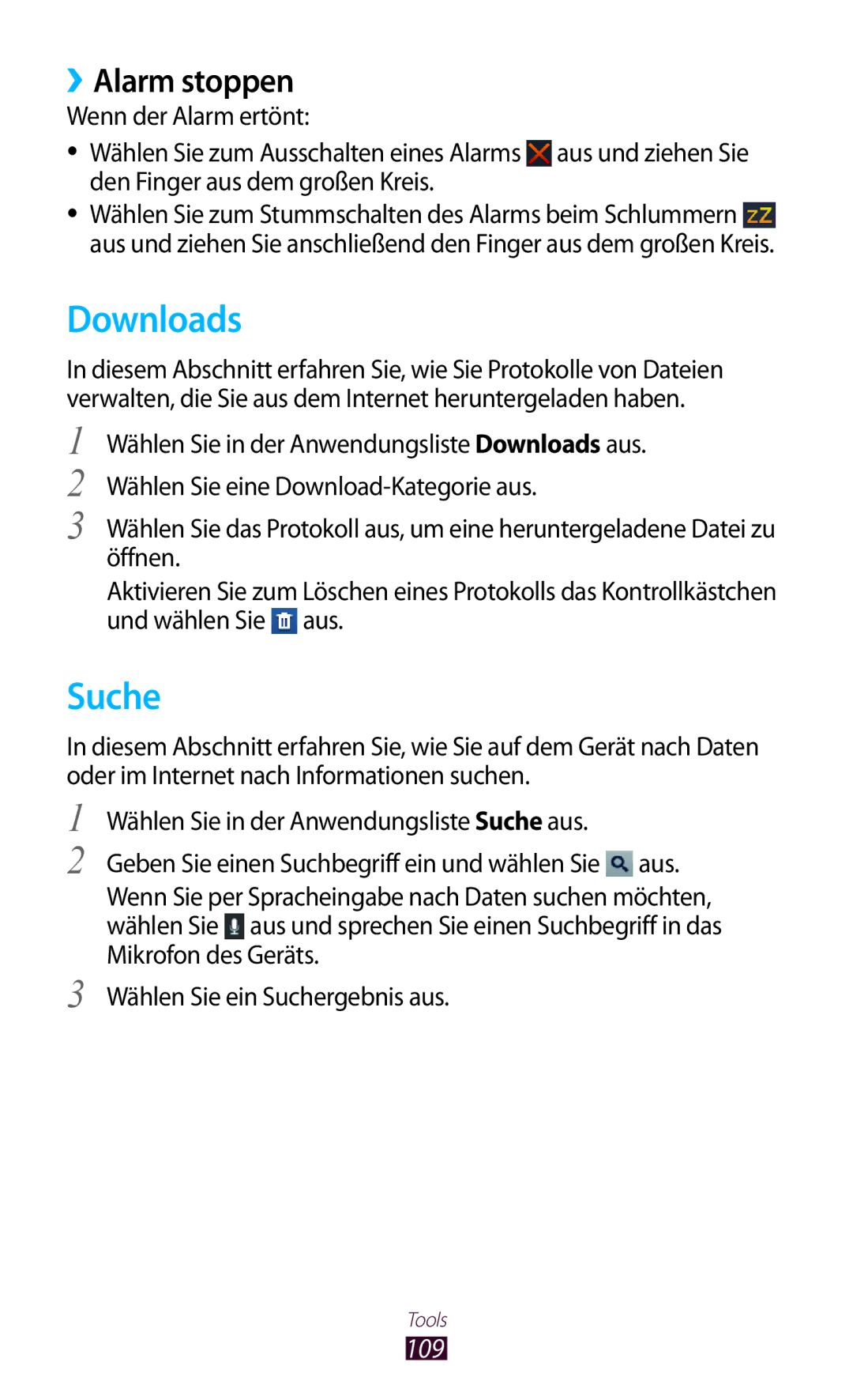 Samsung GT-S5301ZKATPH, GT-S5301ZKAWIN, GT-S5301ZKADBT, GT-S5301ZKATUR, GT-S5301ZIADBT Downloads, Suche, ››Alarm stoppen, 109 