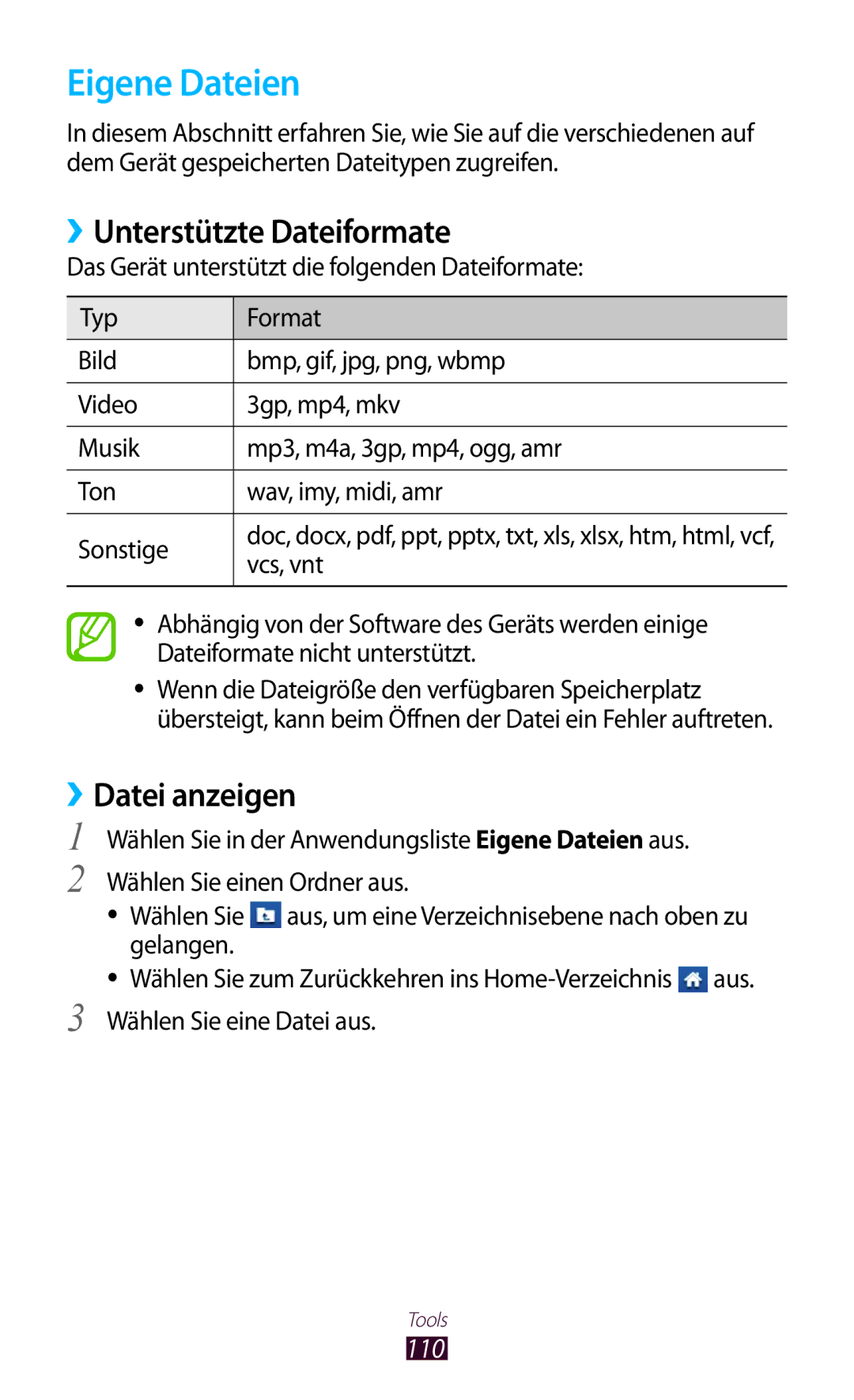 Samsung GT-S5301ZKADBT, GT-S5301ZKAWIN, GT-S5301ZKATPH Eigene Dateien, ››Unterstützte Dateiformate, ››Datei anzeigen, 110 