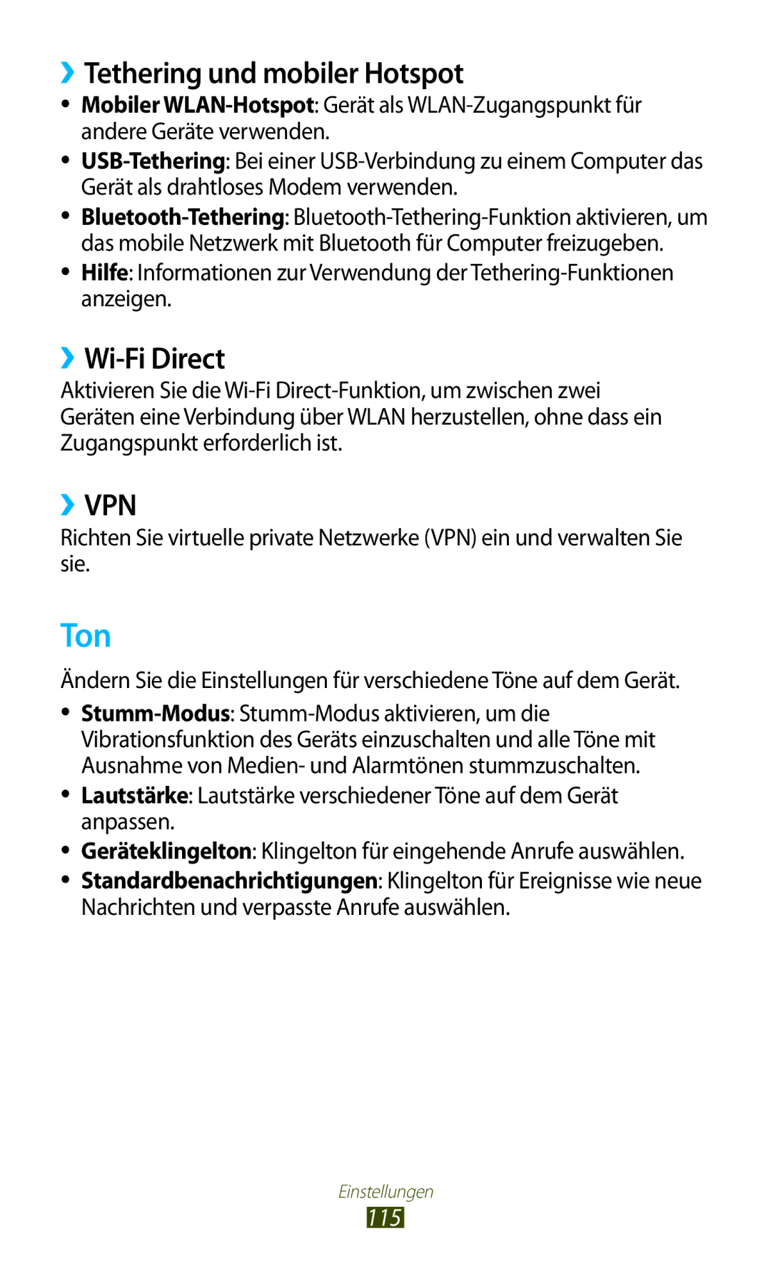 Samsung GT-S5301ZWATPH, GT-S5301ZKAWIN, GT-S5301ZKATPH manual Ton, ››Tethering und mobiler Hotspot, ››Wi-Fi Direct, 115 