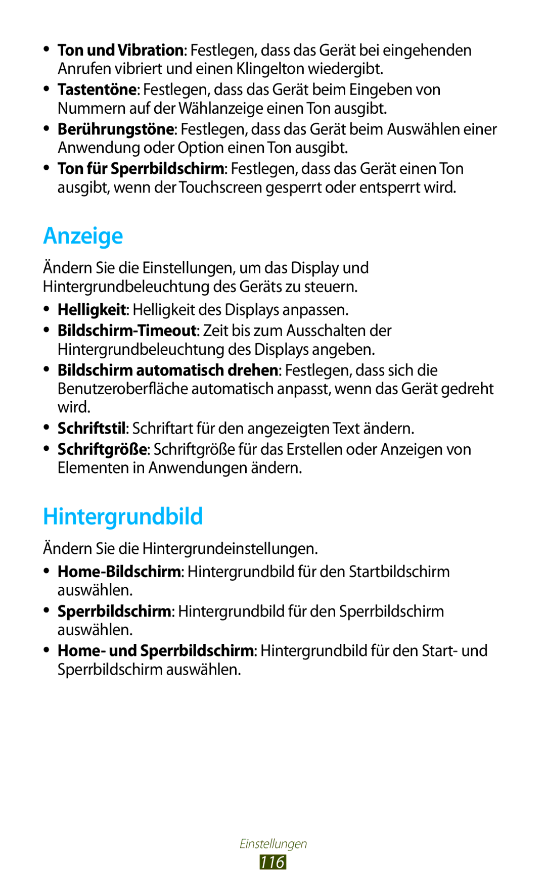 Samsung GT-S5301ZWAEUR, GT-S5301ZKAWIN manual Anzeige, Hintergrundbild, 116, Helligkeit Helligkeit des Displays anpassen 