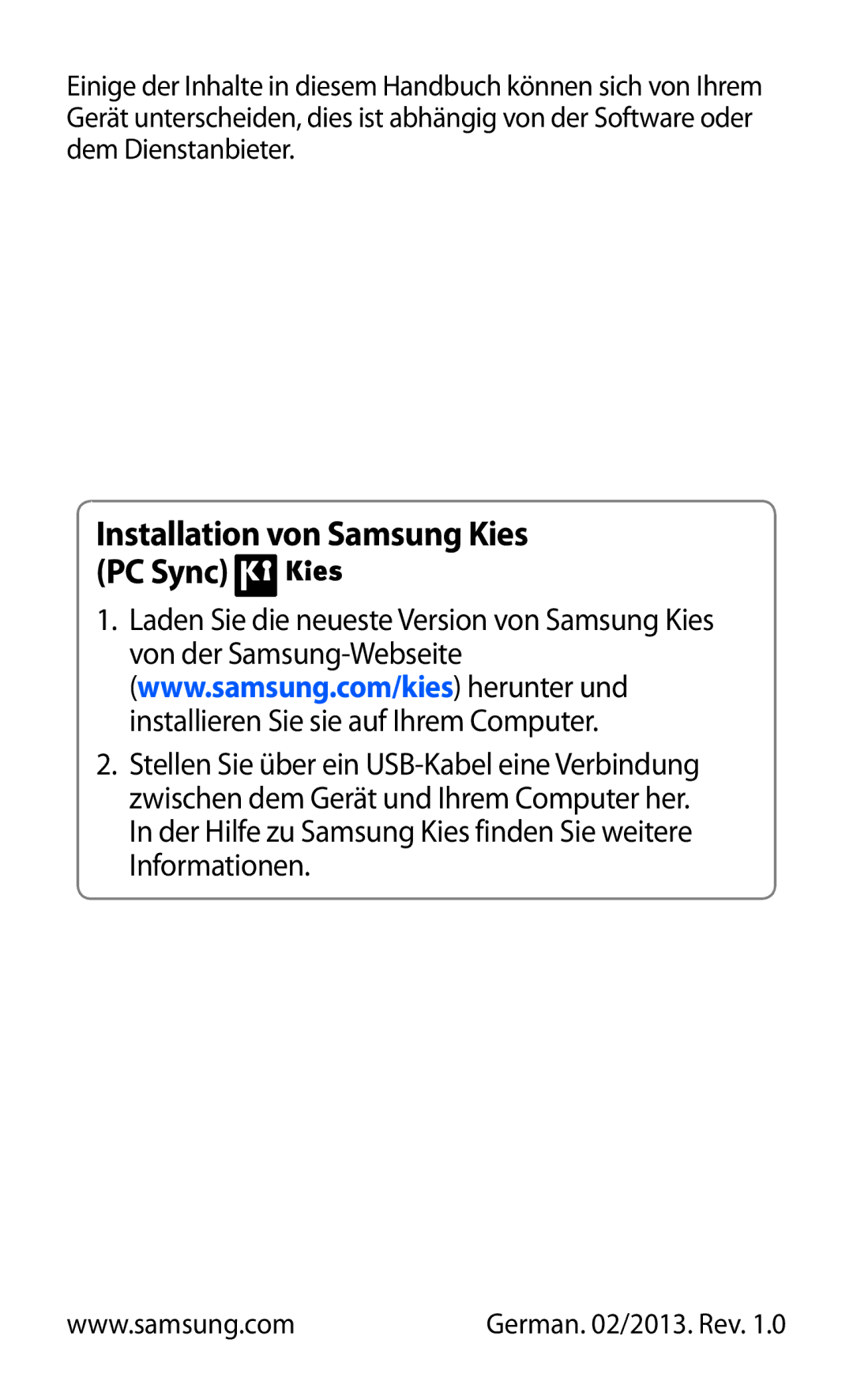 Samsung GT-S5301ZIADBT, GT-S5301ZKAWIN, GT-S5301ZKATPH, GT-S5301ZKADBT, GT-S5301ZKATUR Installation von Samsung Kies PC Sync 