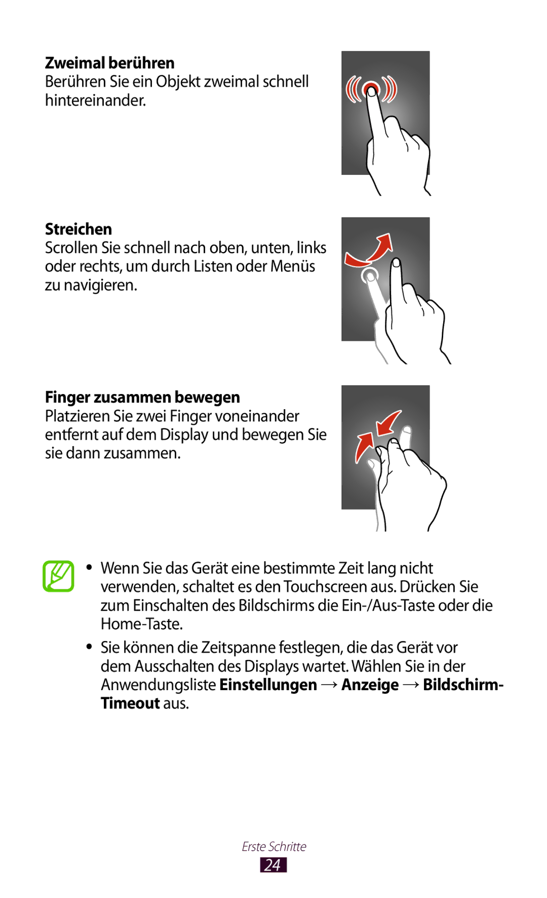 Samsung GT-S5301ZKAWIN, GT-S5301ZKATPH Zweimal berühren, Berühren Sie ein Objekt zweimal schnell hintereinander, Streichen 