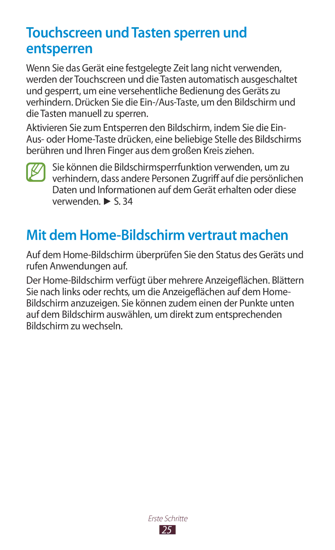 Samsung GT-S5301ZKATPH manual Touchscreen und Tasten sperren und entsperren, Mit dem Home-Bildschirm vertraut machen 