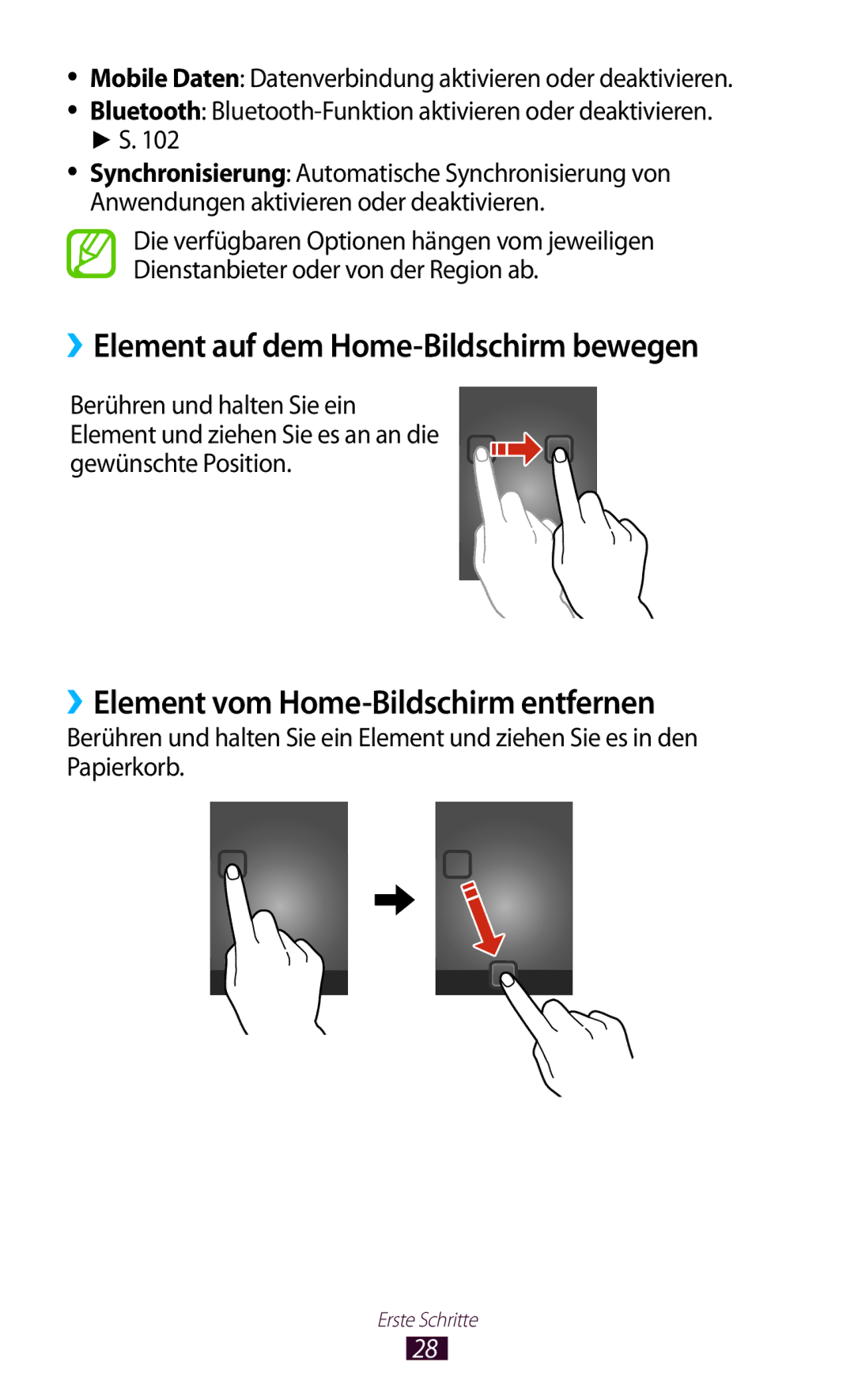 Samsung GT-S5301ZIADBT, GT-S5301ZKAWIN ››Element auf dem Home-Bildschirm bewegen, ››Element vom Home-Bildschirm entfernen 