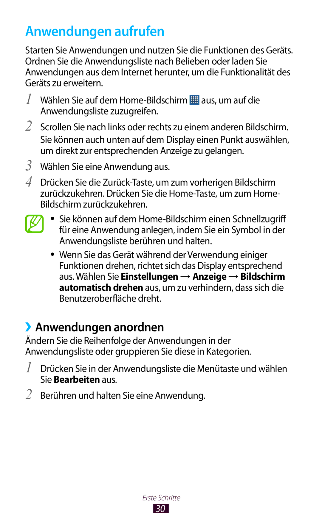 Samsung GT-S5301ZWAWIN, GT-S5301ZKAWIN manual Anwendungen aufrufen, ››Anwendungen anordnen, Wählen Sie eine Anwendung aus 
