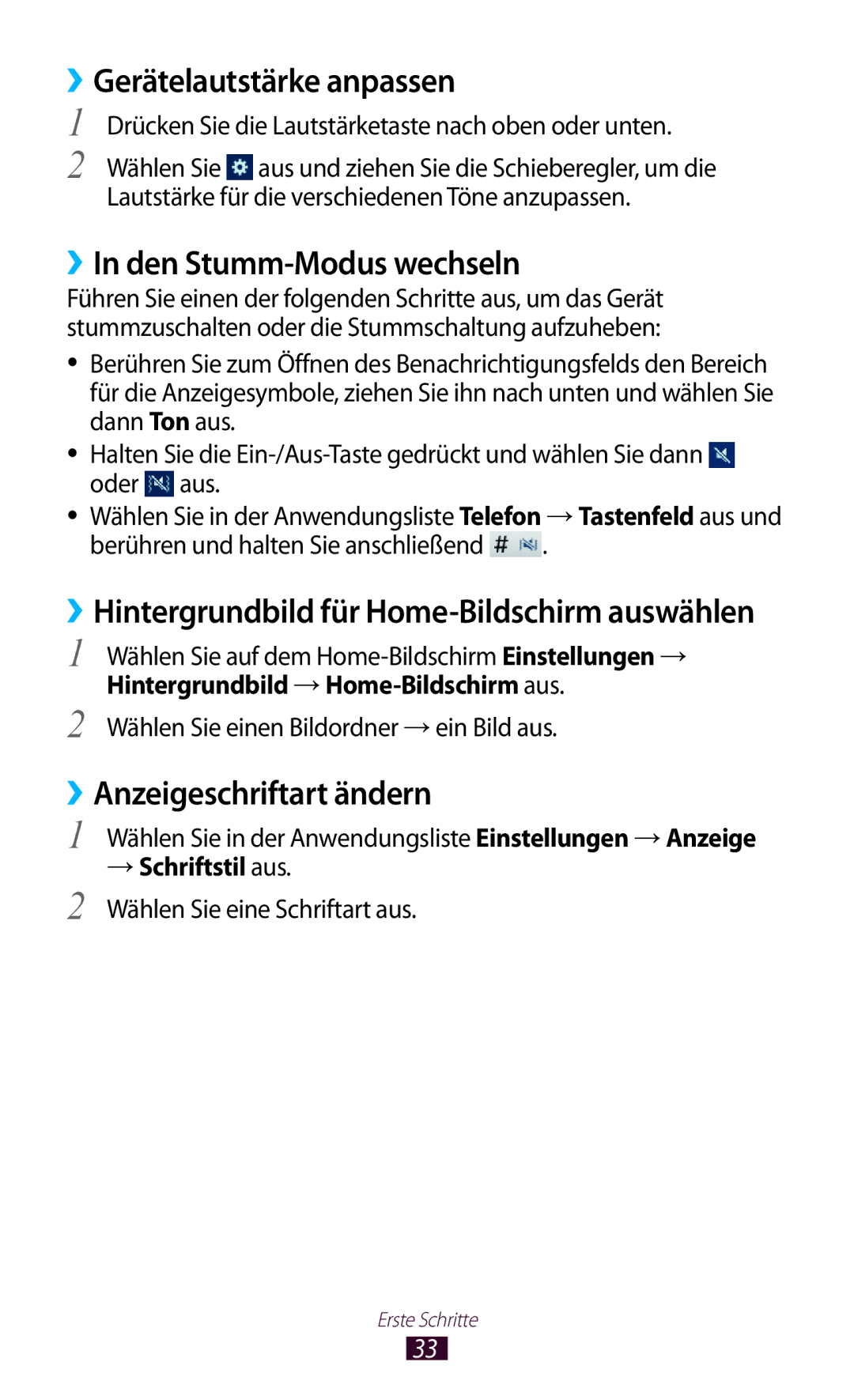 Samsung GT-S5301ZOAWIN manual ››Gerätelautstärke anpassen, ››In den Stumm-Modus wechseln, ››Anzeigeschriftart ändern 