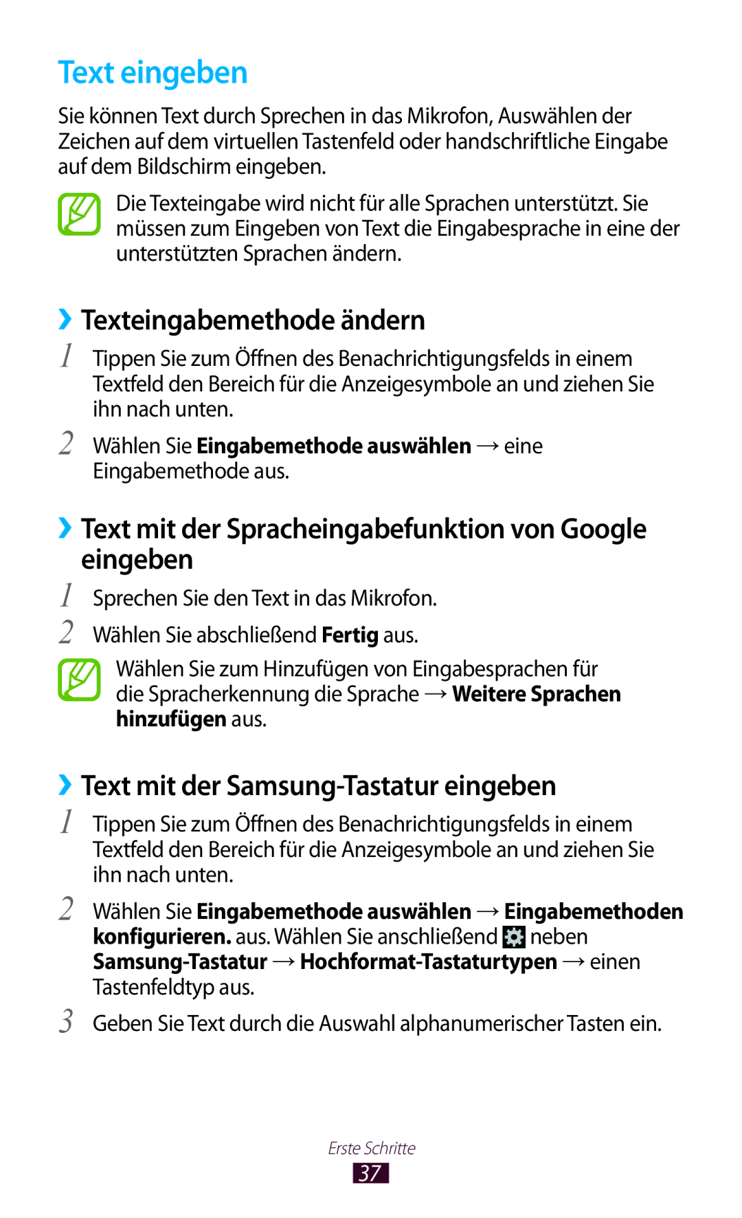 Samsung GT-S5301ZKATPH manual Text eingeben, ››Texteingabemethode ändern, ››Text mit der Samsung-Tastatur eingeben 