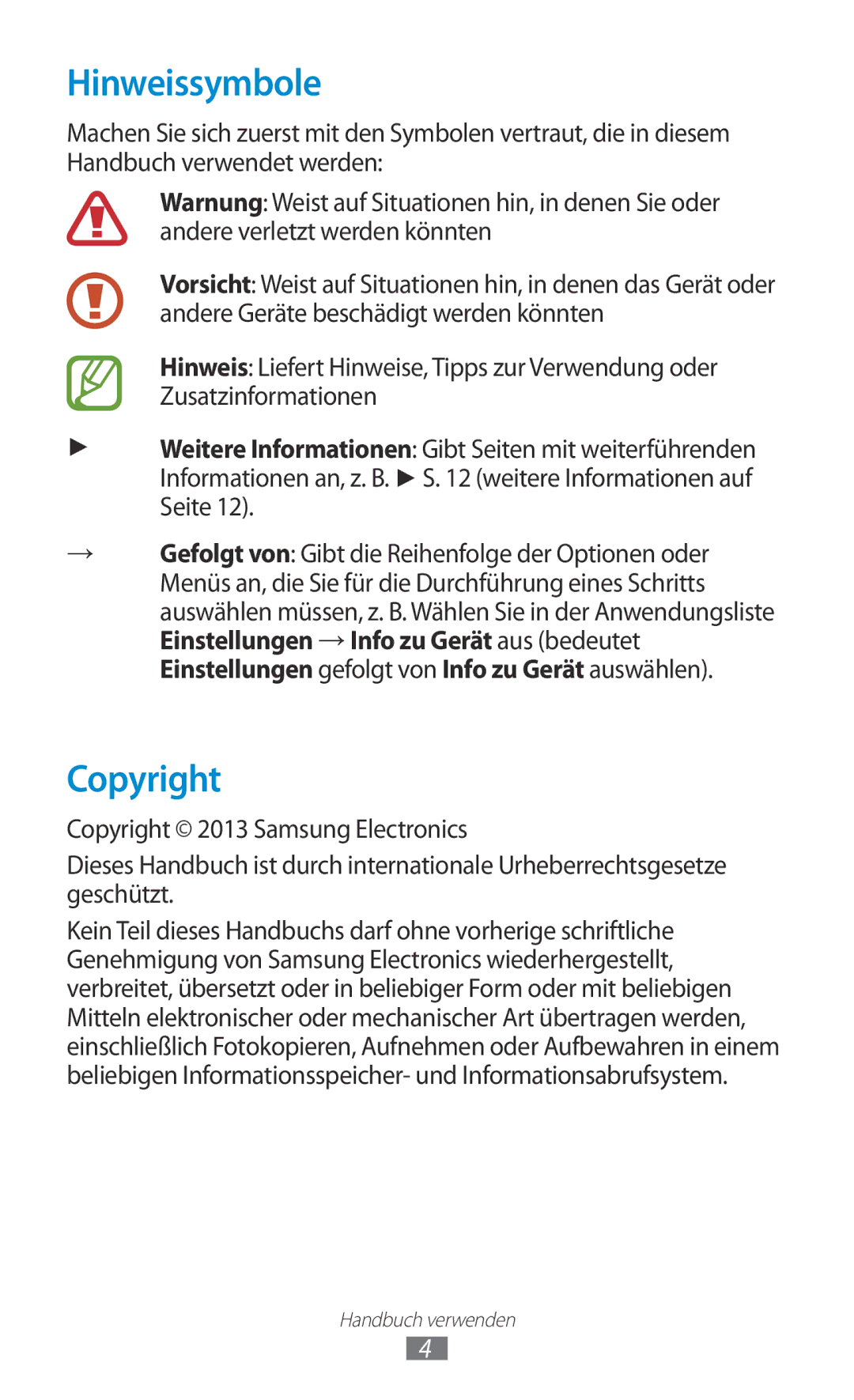 Samsung GT-S5301ZIADBT, GT-S5301ZKAWIN, GT-S5301ZKATPH, GT-S5301ZKADBT, GT-S5301ZKATUR manual Hinweissymbole, Copyright 