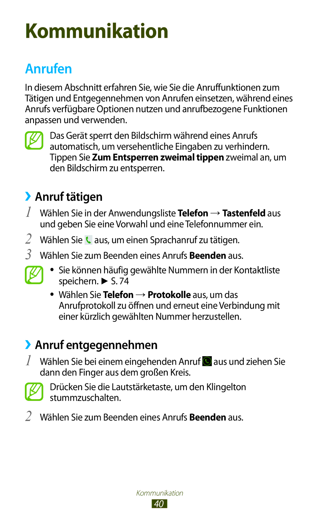 Samsung GT-S5301ZIADBT, GT-S5301ZKAWIN, GT-S5301ZKATPH, GT-S5301ZKADBT manual Anrufen, ››Anruf tätigen, ››Anruf entgegennehmen 