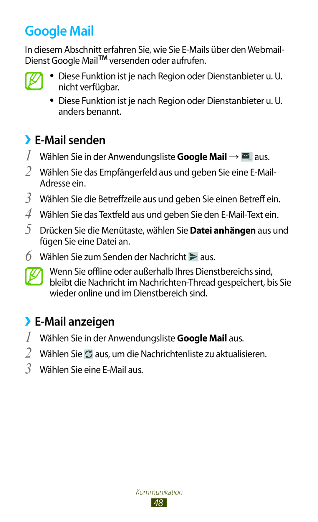 Samsung GT-S5301ZKAWIN, GT-S5301ZKATPH, GT-S5301ZKADBT, GT-S5301ZKATUR manual Google Mail, ››E-Mail senden, Mail anzeigen 