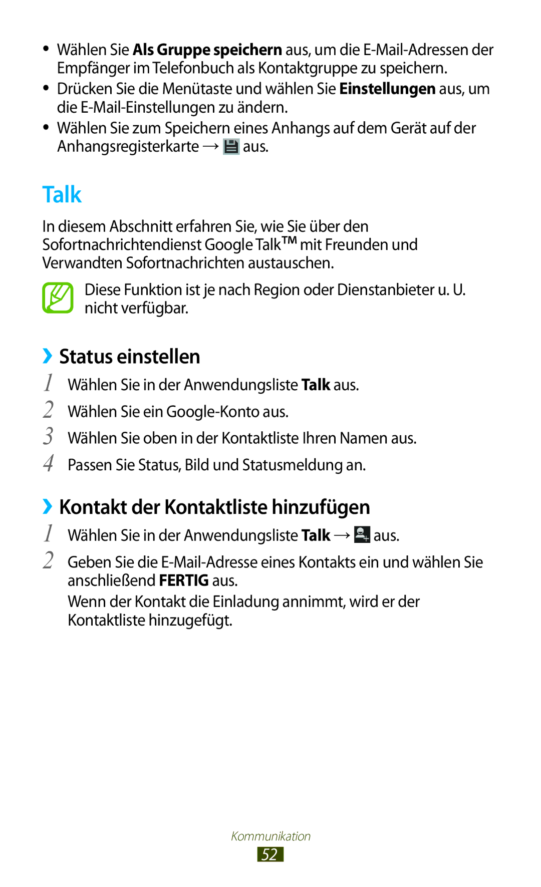 Samsung GT-S5301ZIADBT, GT-S5301ZKAWIN, GT-S5301ZKATPH Talk, ››Status einstellen, ››Kontakt der Kontaktliste hinzufügen 