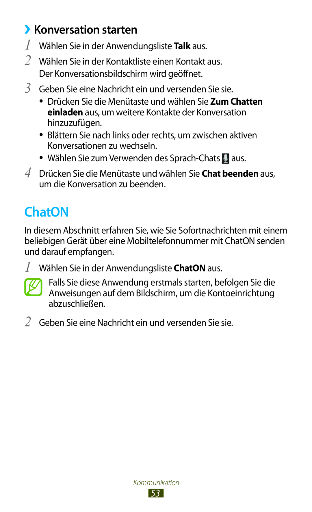 Samsung GT-S5301ZWADBT, GT-S5301ZKAWIN manual ChatON, ››Konversation starten, Wählen Sie in der Anwendungsliste Talk aus 