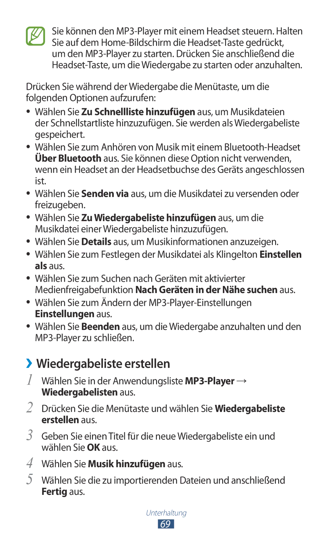 Samsung GT-S5301ZOAWIN ››Wiedergabeliste erstellen, Wählen Sie in der Anwendungsliste MP3-Player→, Wiedergabelisten aus 