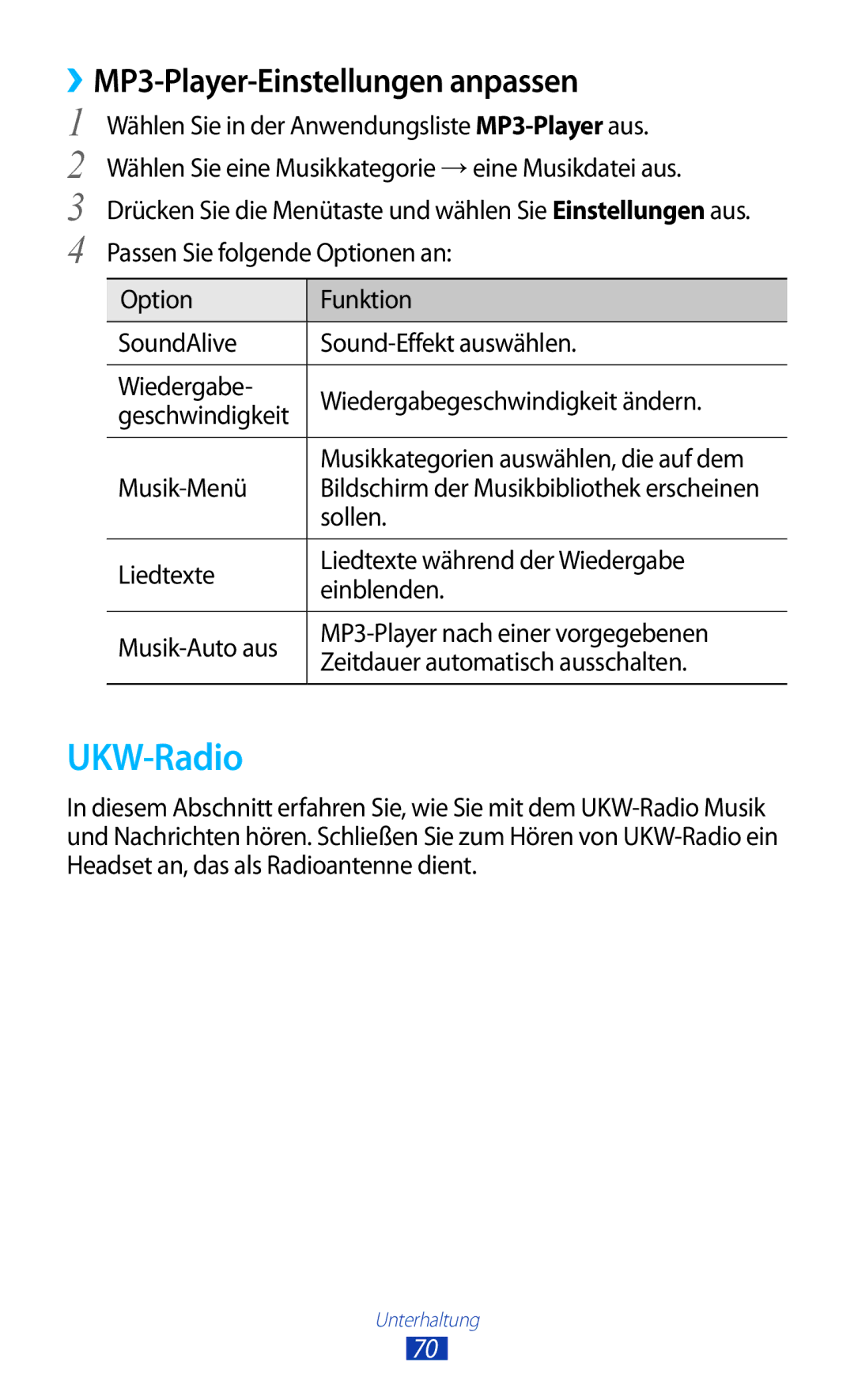 Samsung GT-S5301ZWATUR, GT-S5301ZKAWIN, GT-S5301ZKATPH manual UKW-Radio, ››MP3-Player-Einstellungen anpassen, Sollen 