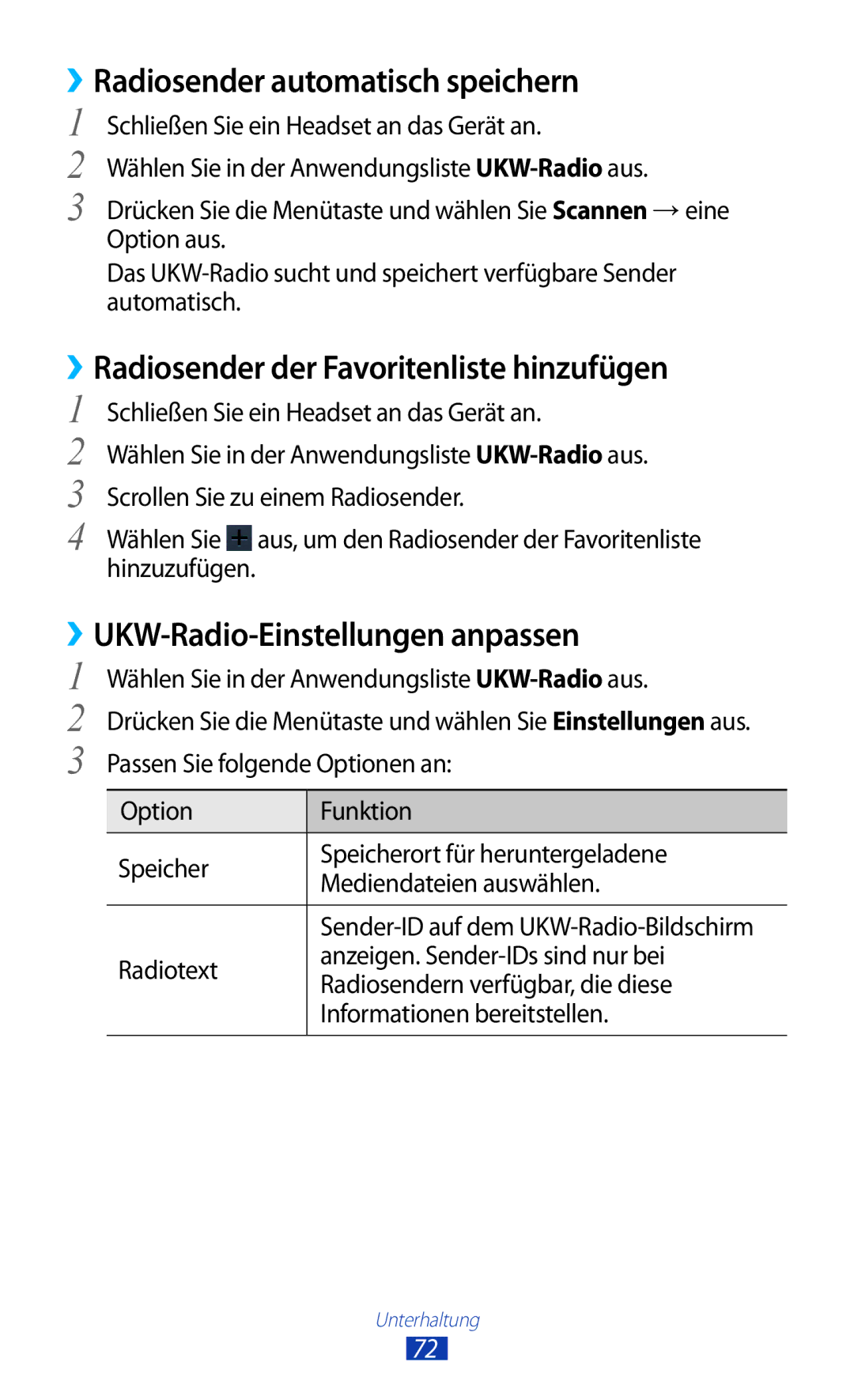 Samsung GT-S5301ZKAWIN, GT-S5301ZKATPH ››Radiosender automatisch speichern, ››Radiosender der Favoritenliste hinzufügen 