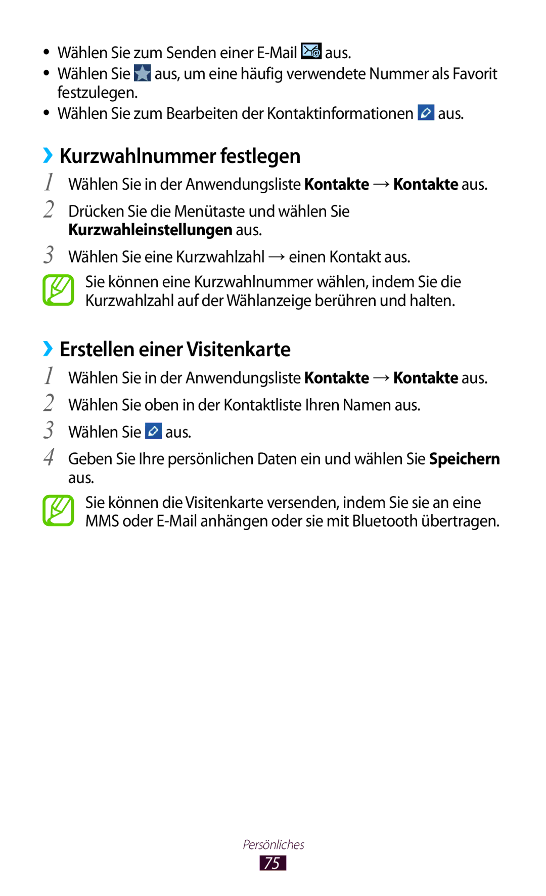 Samsung GT-S5301ZKATUR, GT-S5301ZKAWIN, GT-S5301ZKATPH manual ››Kurzwahlnummer festlegen, ››Erstellen einer Visitenkarte 
