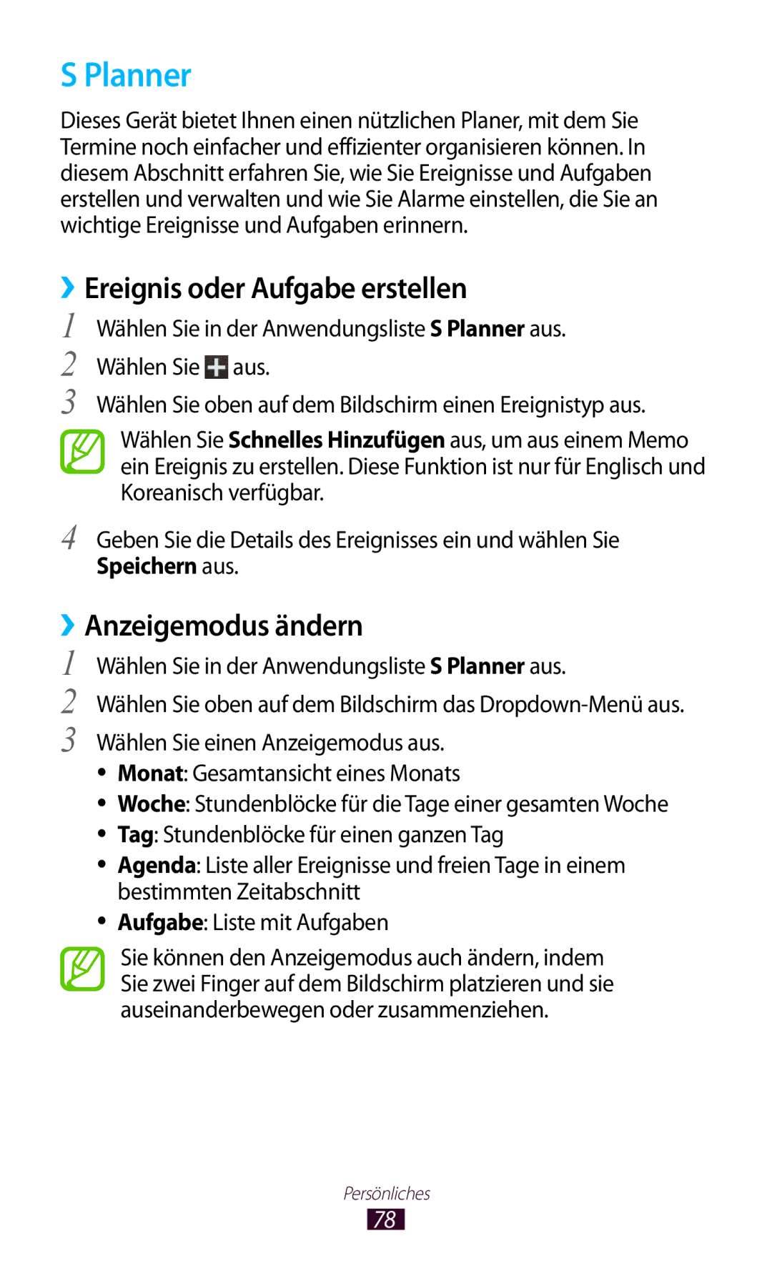 Samsung GT-S5301ZWAWIN, GT-S5301ZKAWIN manual Planner, Ereignis oder Aufgabe erstellen, ››Anzeigemodus ändern, Speichern aus 