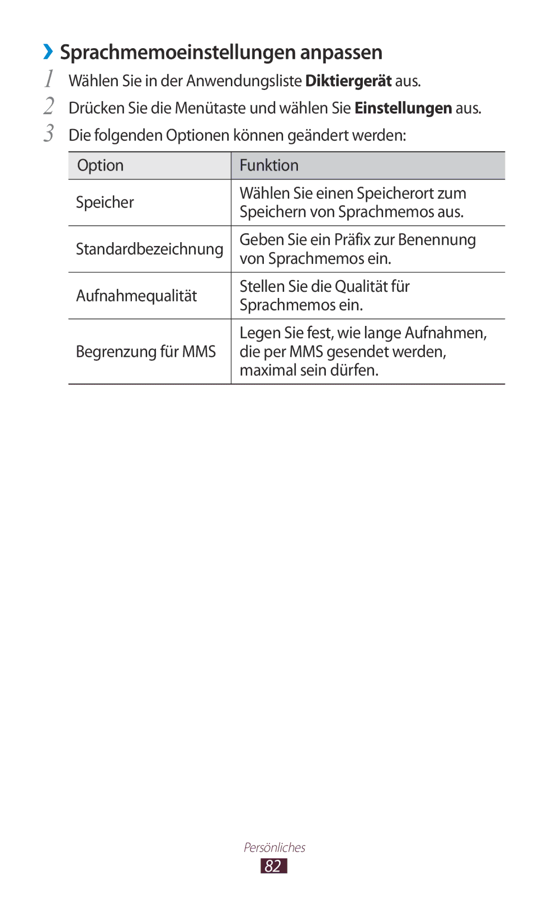 Samsung GT-S5301ZWATUR, GT-S5301ZKAWIN, GT-S5301ZKATPH manual ››Sprachmemoeinstellungen anpassen, Von Sprachmemos ein 