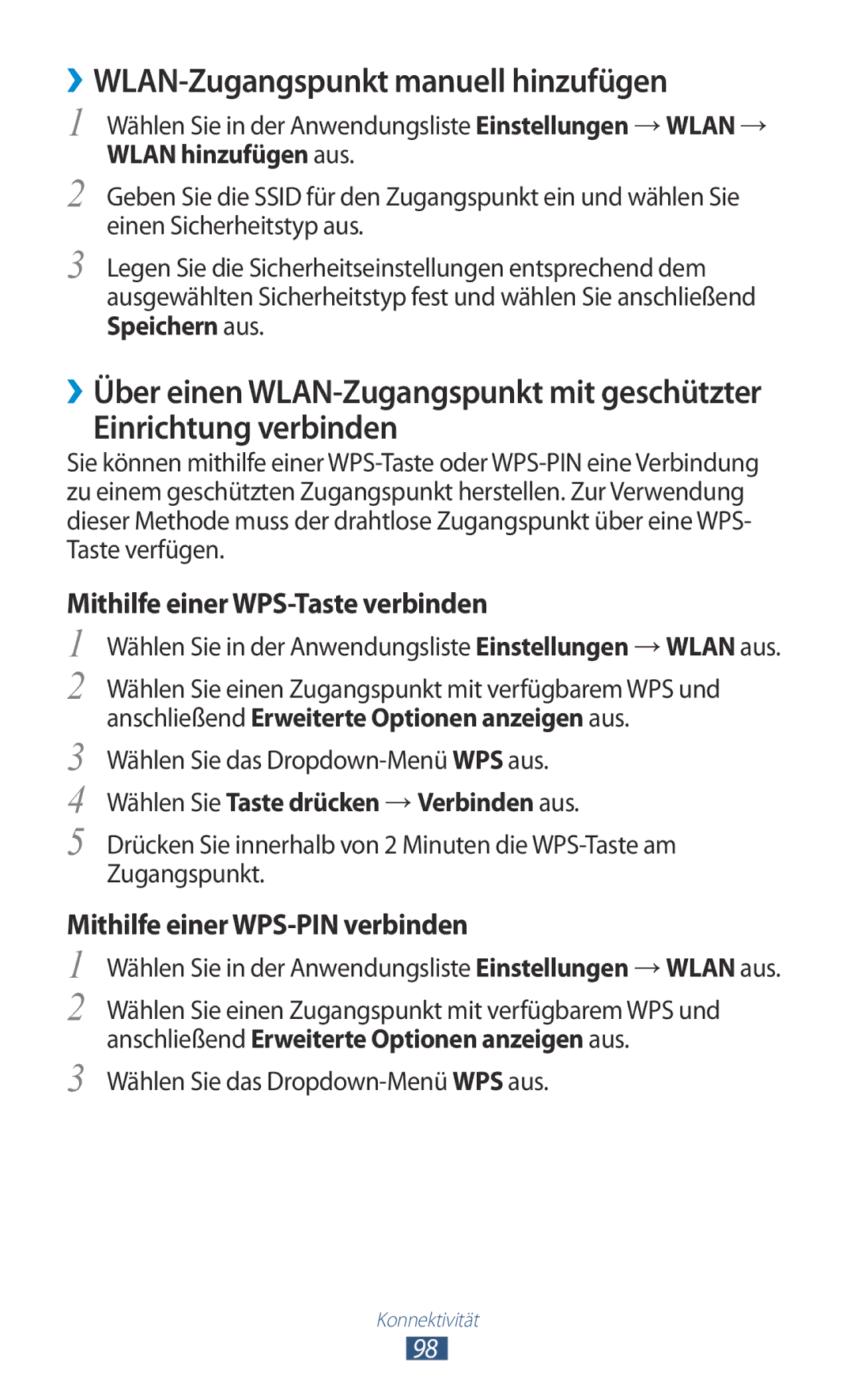 Samsung GT-S5301ZKADBT, GT-S5301ZKAWIN ››WLAN-Zugangspunkt manuell hinzufügen, Einrichtung verbinden, Wlan hinzufügen aus 