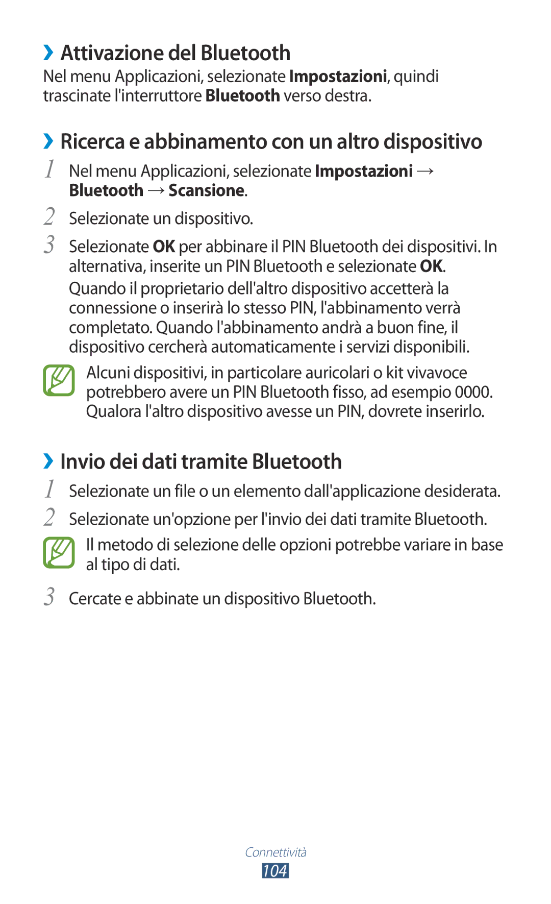 Samsung GT-S5301ZKAWIN manual ››Attivazione del Bluetooth, ››Invio dei dati tramite Bluetooth, Bluetooth →Scansione 