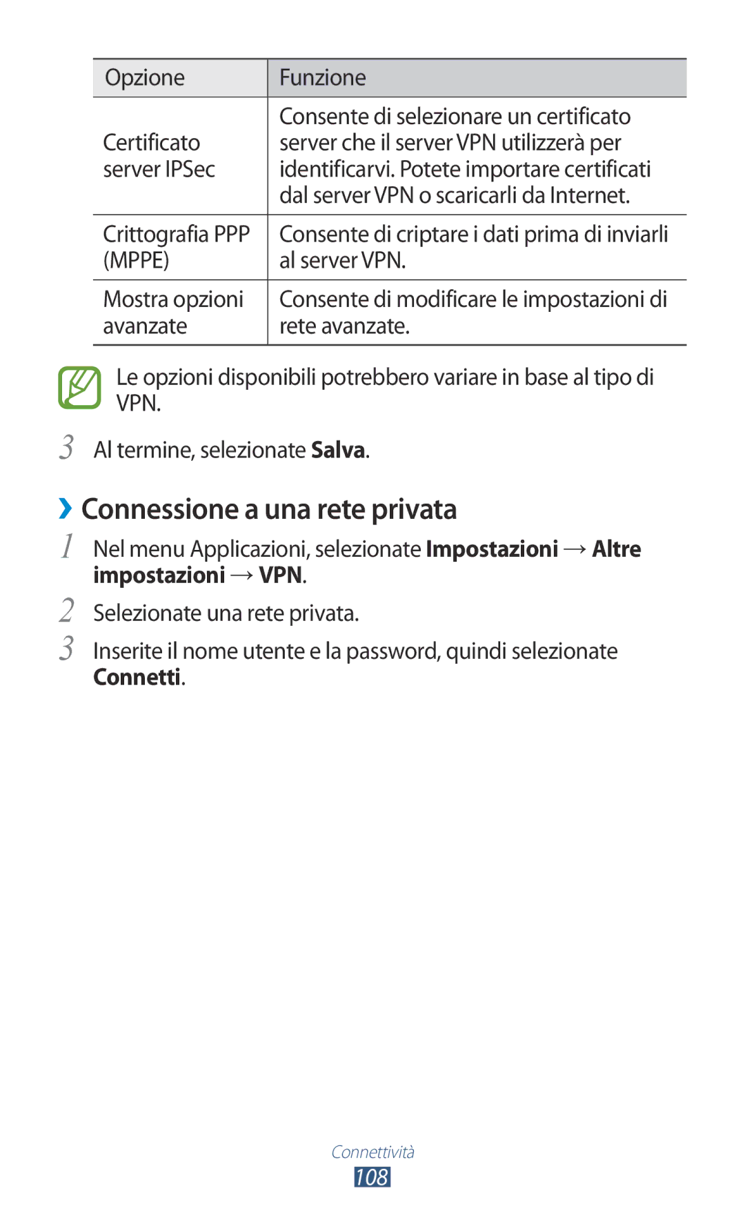 Samsung GT-S5301ZKAITV manual ››Connessione a una rete privata, Al server VPN, Mostra opzioni, Impostazioni →VPN, Connetti 