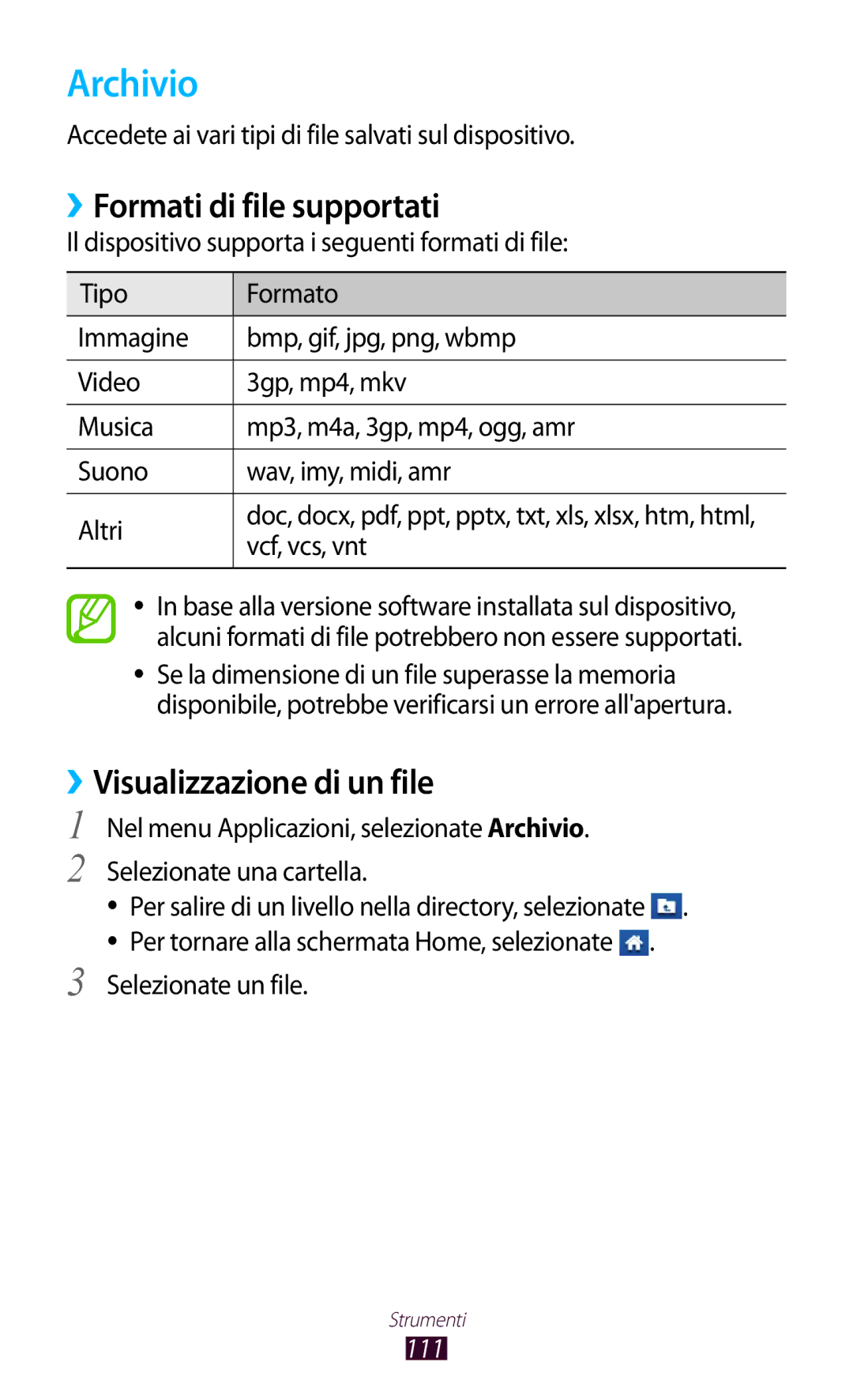 Samsung GT-S5301ZKAOMN manual Archivio, ››Formati di file supportati, ››Visualizzazione di un file, Selezionate un file 