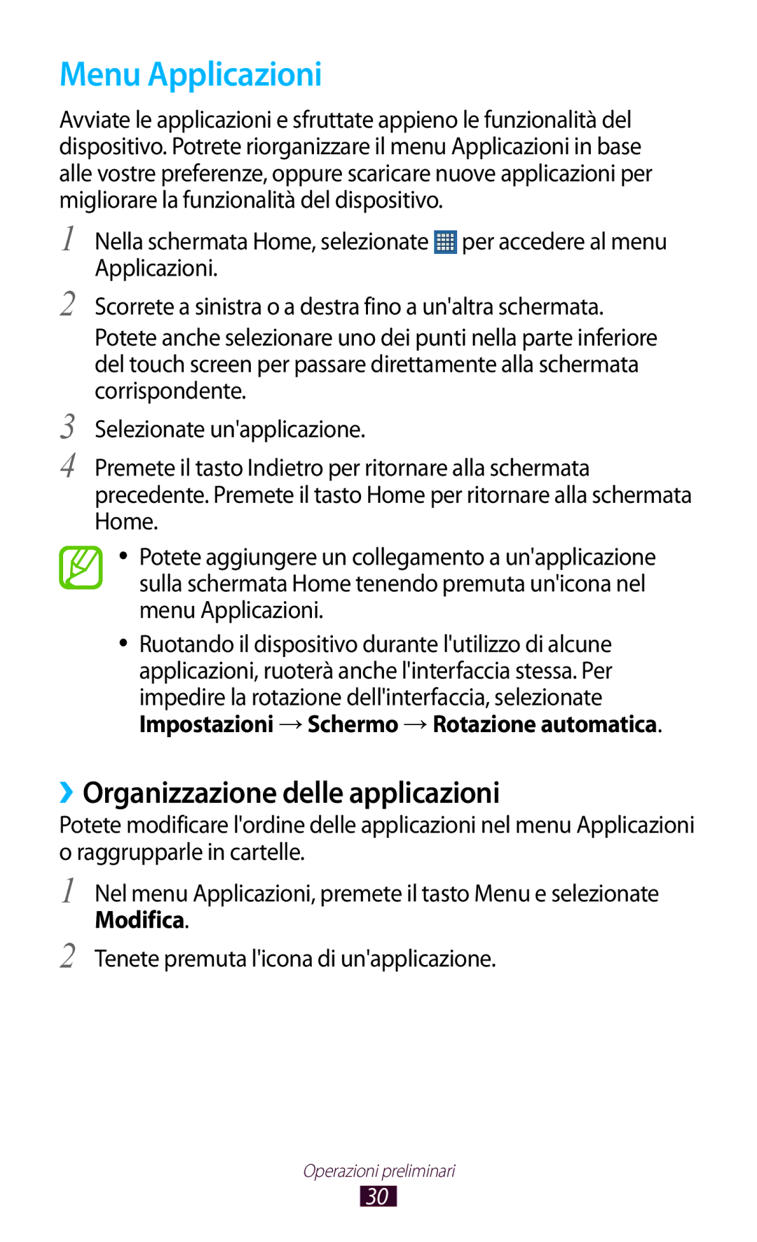 Samsung GT-S5301ZKATIM Menu Applicazioni, ››Organizzazione delle applicazioni, Impostazioni →Schermo →Rotazione automatica 