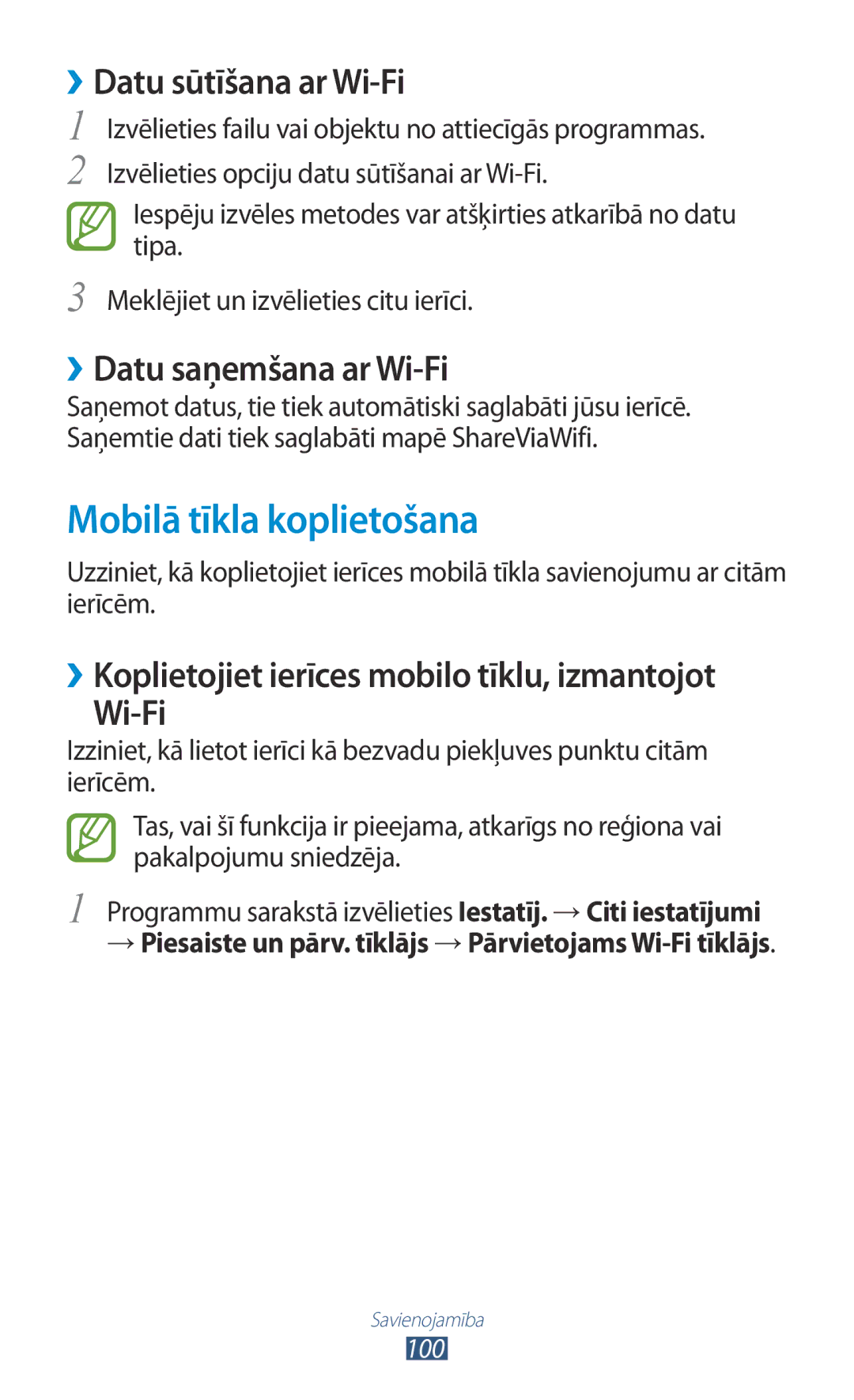 Samsung GT-S5301ZWASEB, GT-S5301ZKASEB manual Mobilā tīkla koplietošana, ››Datu sūtīšana ar Wi-Fi, ››Datu saņemšana ar Wi-Fi 