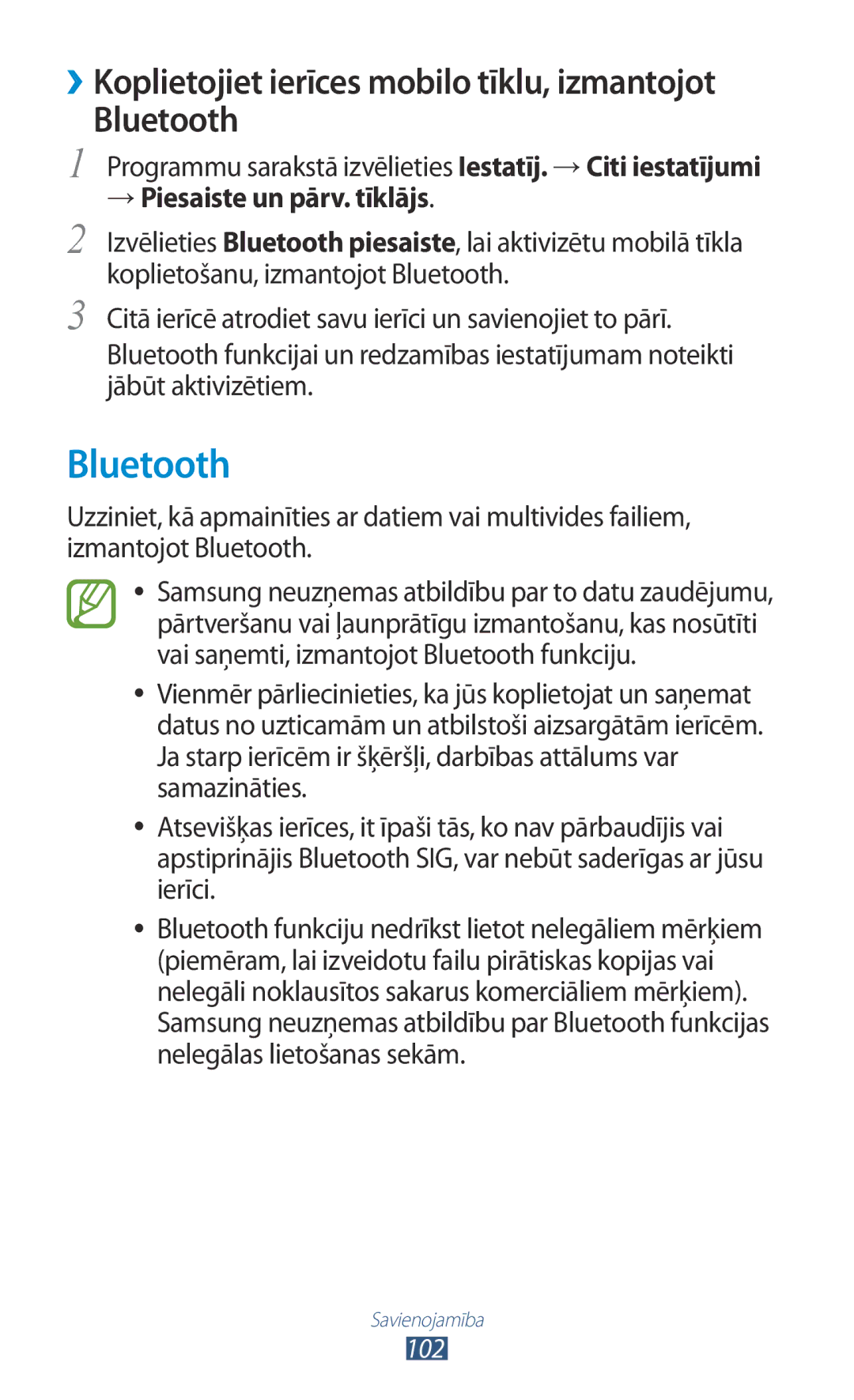 Samsung GT-S5301ZWASEB, GT-S5301ZKASEB manual ››Koplietojiet ierīces mobilo tīklu, izmantojot Bluetooth 